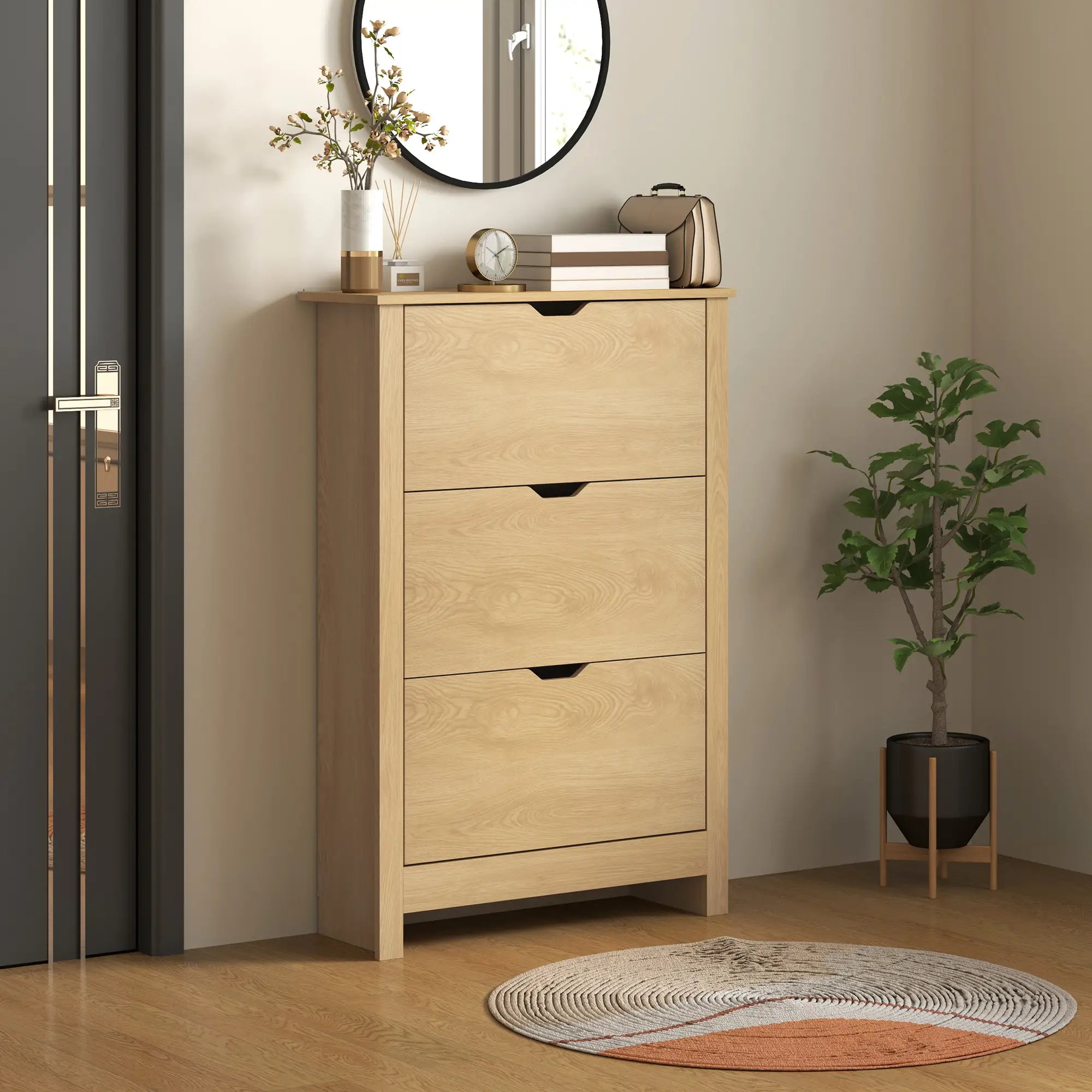 Shoe Storage Cabinet, 3 Flip Drawers, Adjustable Shelves, 18 Pairs, Natural Wood Shoe Storage Cabinets & Racks at Gallery Canada