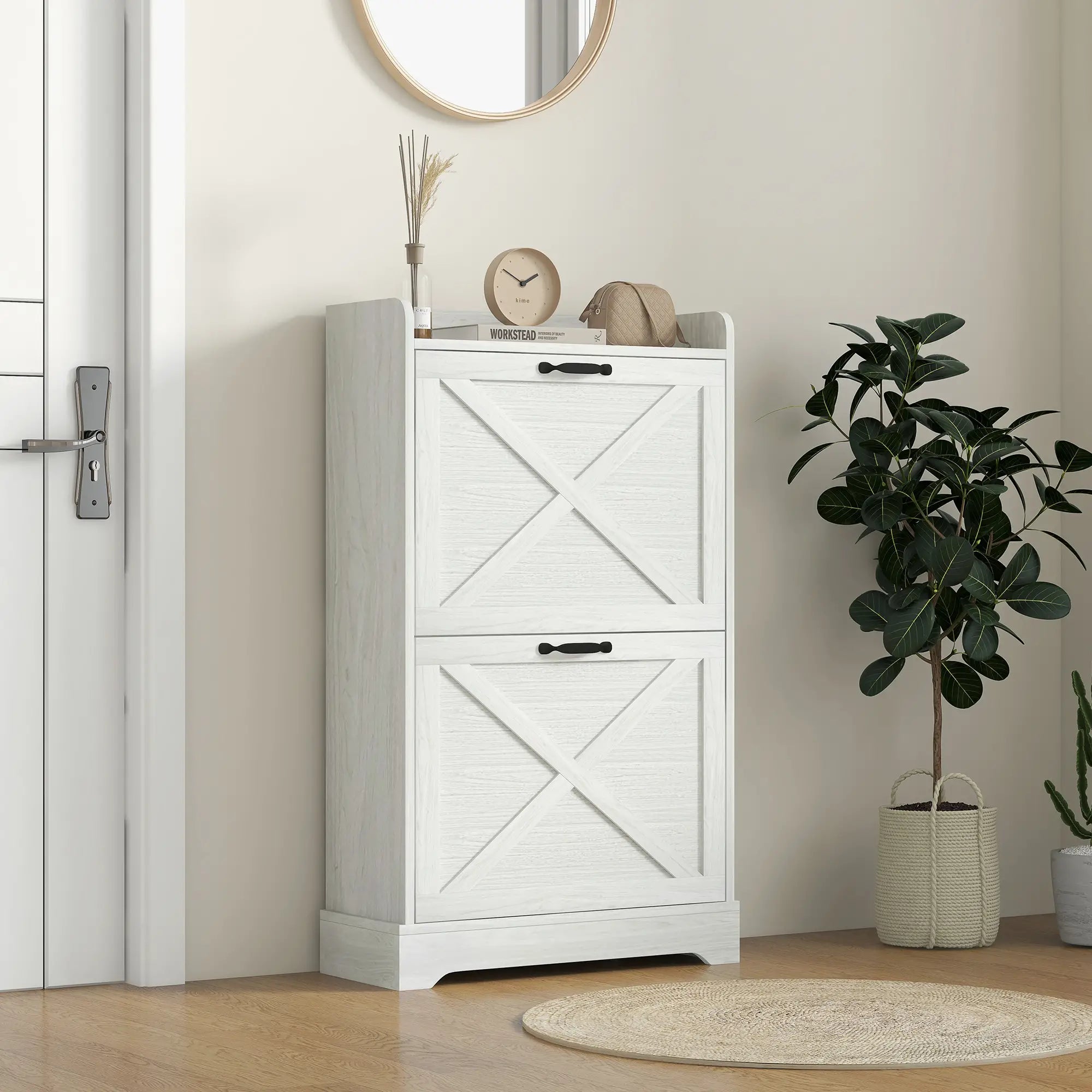 Slim Shoe Storage Cabinet, Farmhouse Style, 2 Flip Drawers, Adjustable Shelves, Holds 8 Pairs, Distressed, White Shoe Storage Cabinets & Racks at Gallery Canada