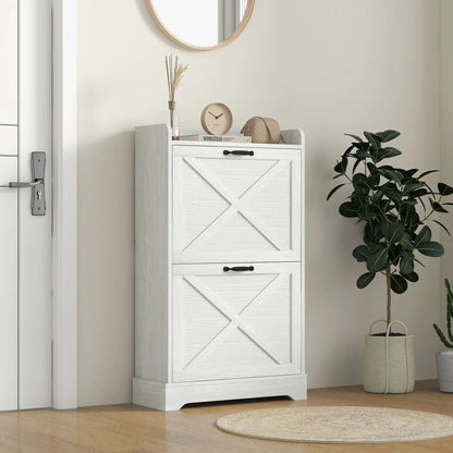 Slim Shoe Storage Cabinet, Farmhouse Style, 2 Flip Drawers, Adjustable Shelves, Holds 8 Pairs, Distressed, White Shoe Storage Cabinets & Racks at Gallery Canada