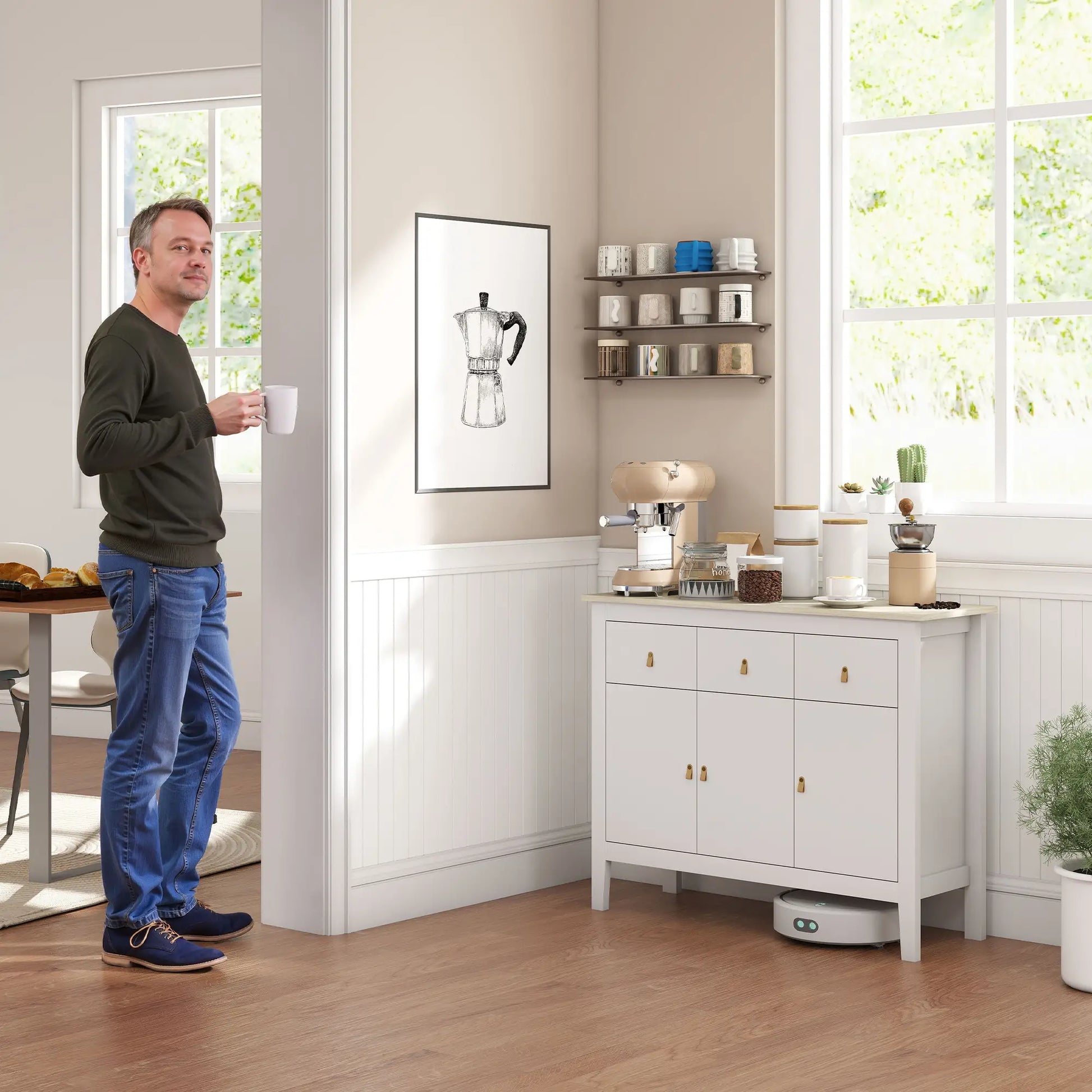 40" Sideboard Buffet Cabinet, 3 Drawers, 2 Adjustable Shelves, White Storage Cabinets at Gallery Canada