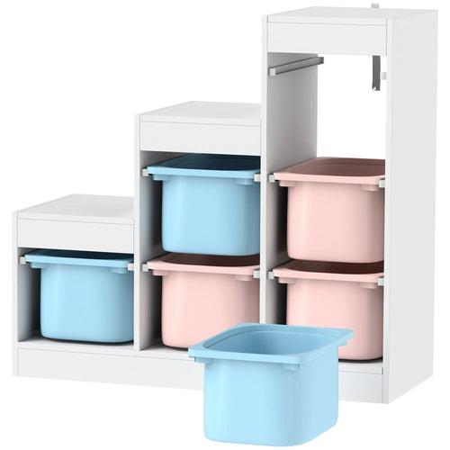 3 Layer Toy Storage Organizer, Kids Bookshelf, 6 Plastic Bins, Blue & Pink