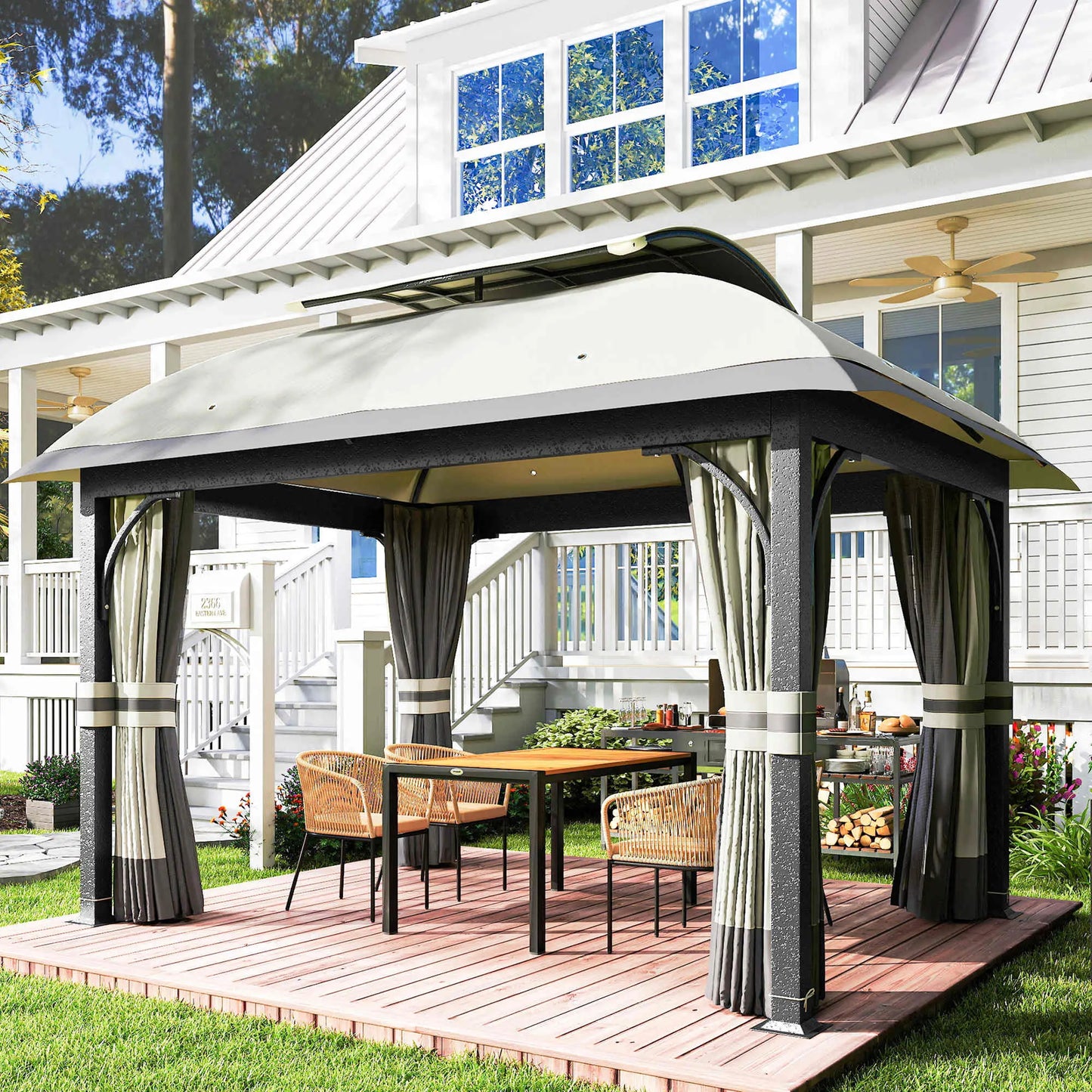 11' x 13' Patio Gazebo, Double Roof Canopy with Netting, Light Grey Gazebos at Gallery Canada