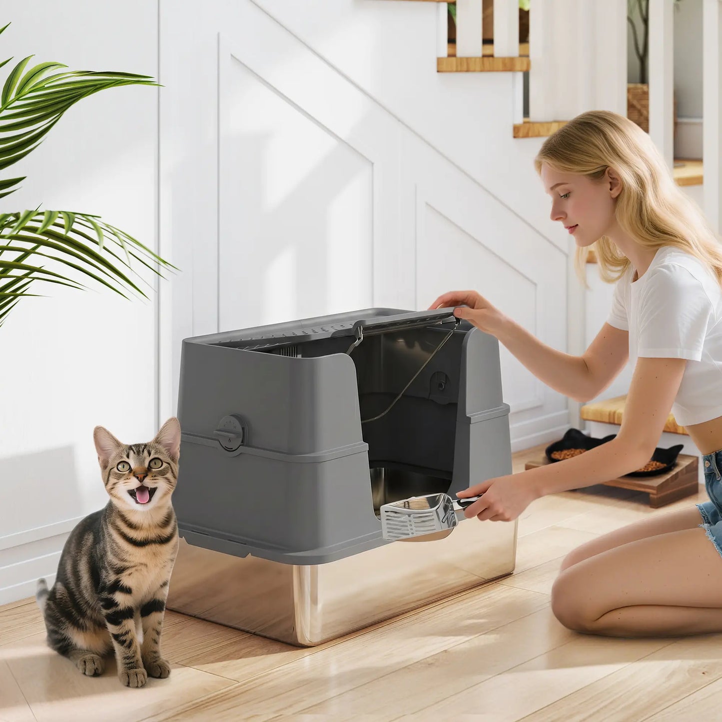 XL Stainless Litter Box With 100° Flip Top, Scoop, Dual Entry, Stainless