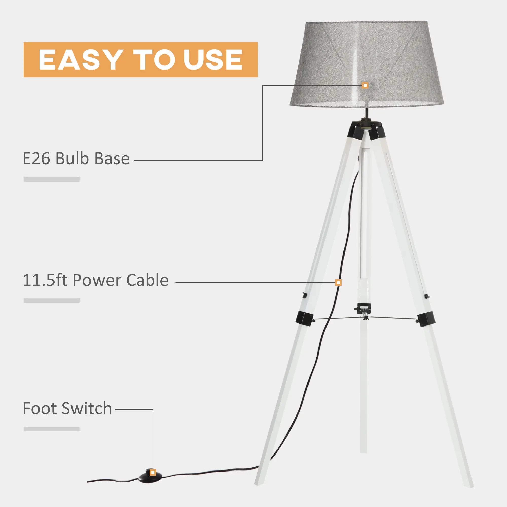 Adjustable Height Wooden Floor Lamp, E26 Base, and Grey, White Floor Lamps & Ceiling Fan Lights at Gallery Canada
