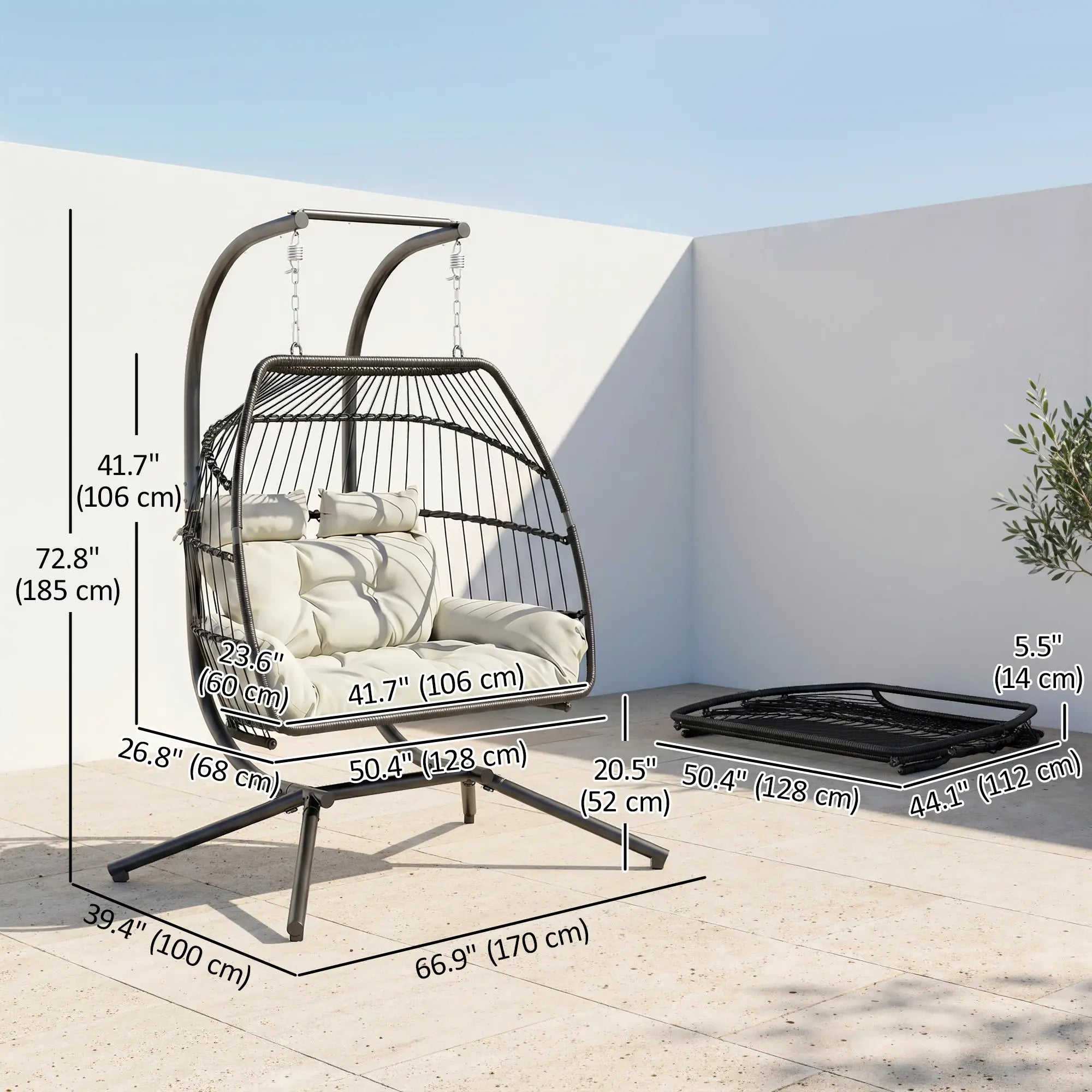 Double Wicker Egg Swing Chair, Foldable with Stand, UV Resistant Cushion, Cream White Patio Swings with Stand at Gallery Canada