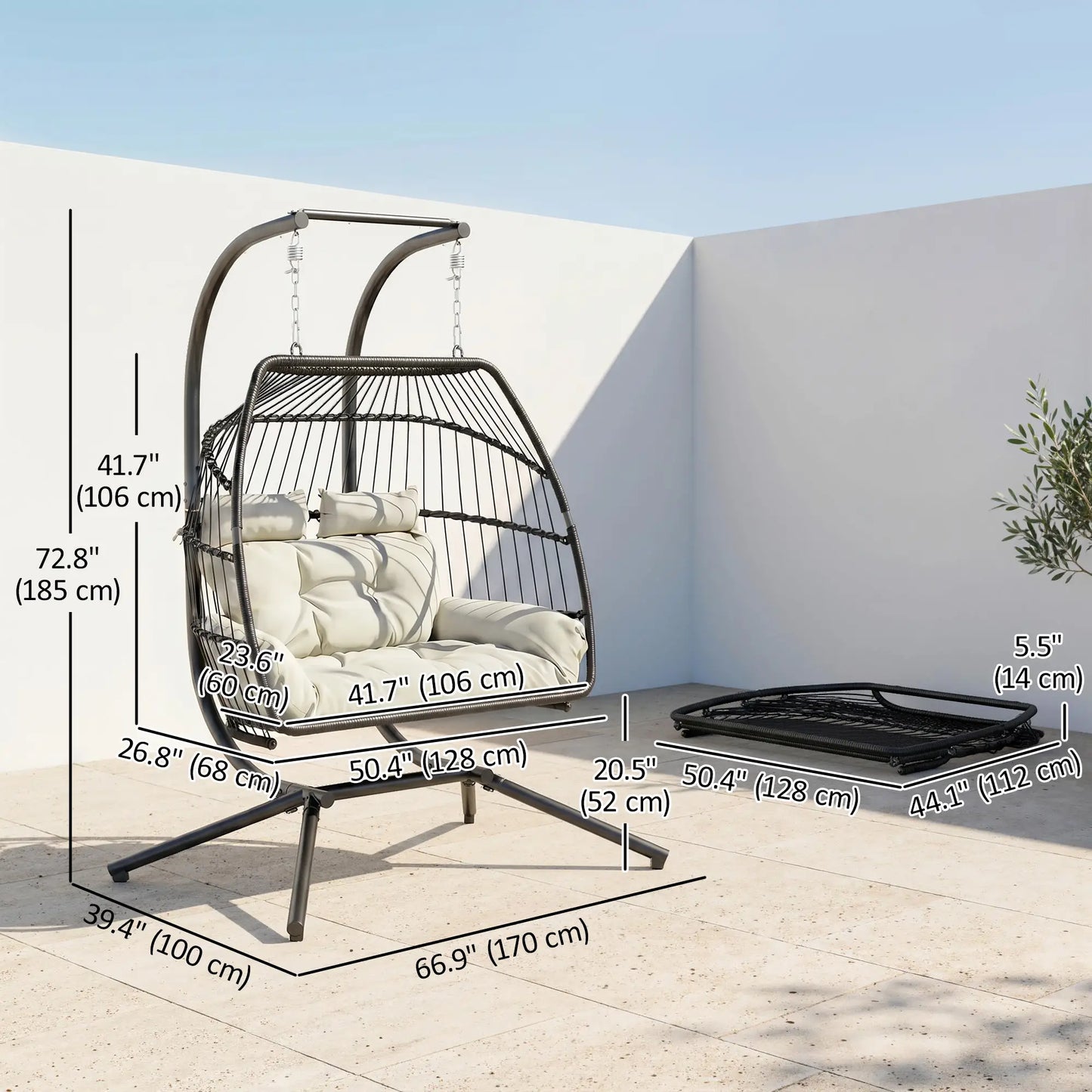 Double Wicker Egg Swing Chair, Foldable with Stand, UV Resistant Cushion, Cream White Patio Swings with Stand at Gallery Canada
