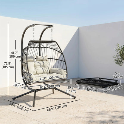 Double Wicker Egg Swing Chair, Foldable with Stand, UV Resistant Cushion, Cream White Patio Swings with Stand at Gallery Canada