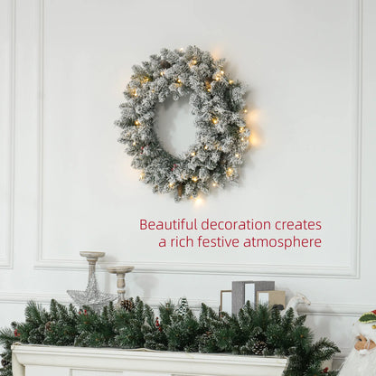 24" Flocked Christmas Wreath with Lights, Pine Cones, Berries, Green Christmas Wreaths at Gallery Canada