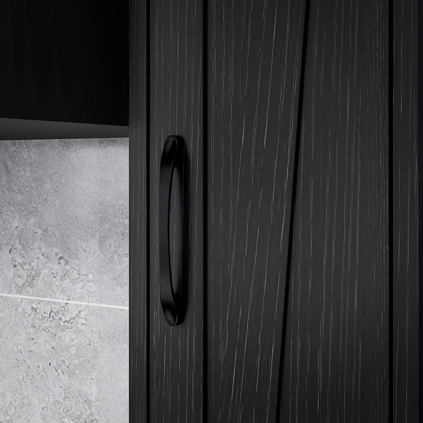 Narrow Bathroom Cabinet, Tall Storage with Barn Doors, Wood Grain, Black Bathroom Cabinets at Gallery Canada