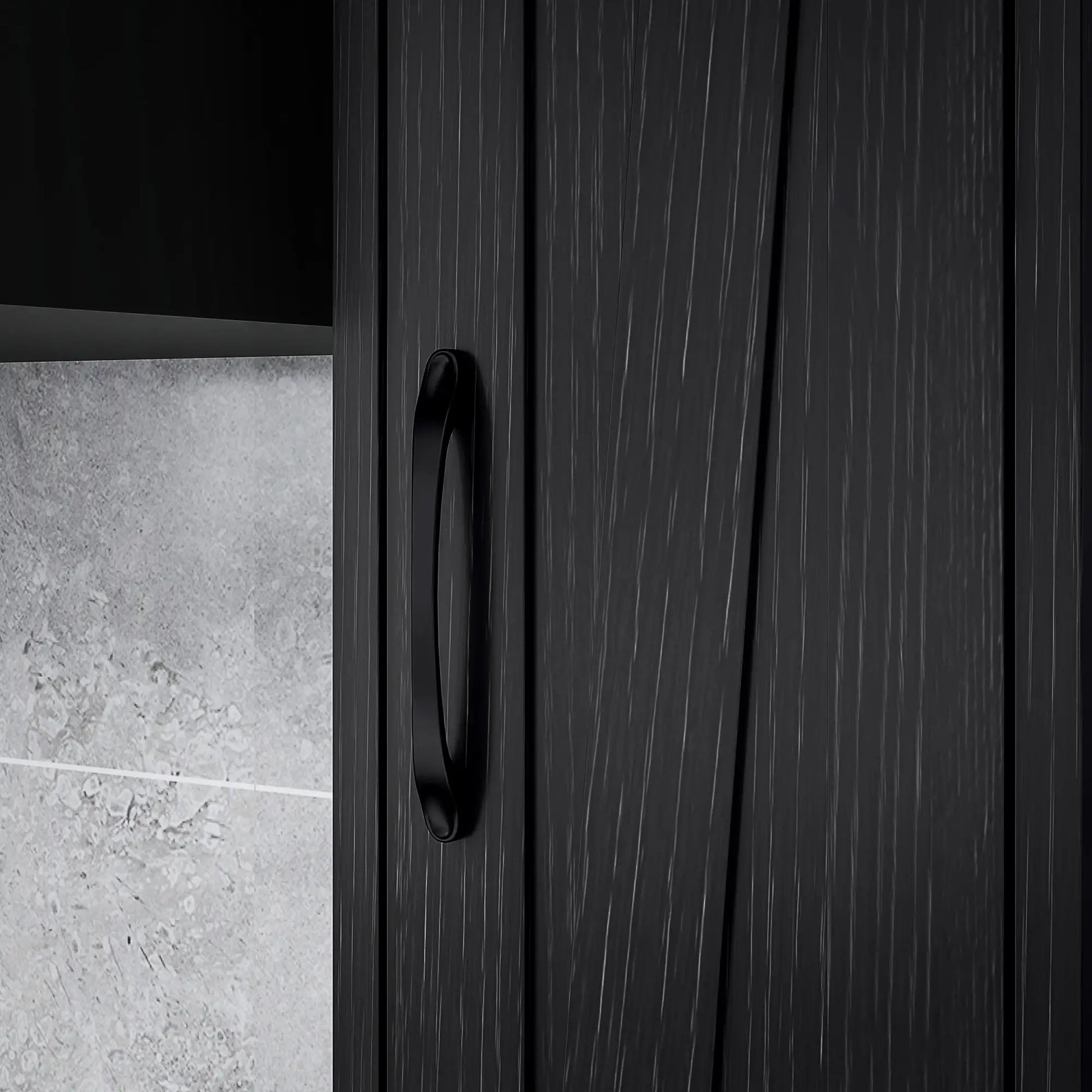 Narrow Bathroom Cabinet, Tall Storage with Barn Doors, Wood Grain, Black Bathroom Cabinets at Gallery Canada