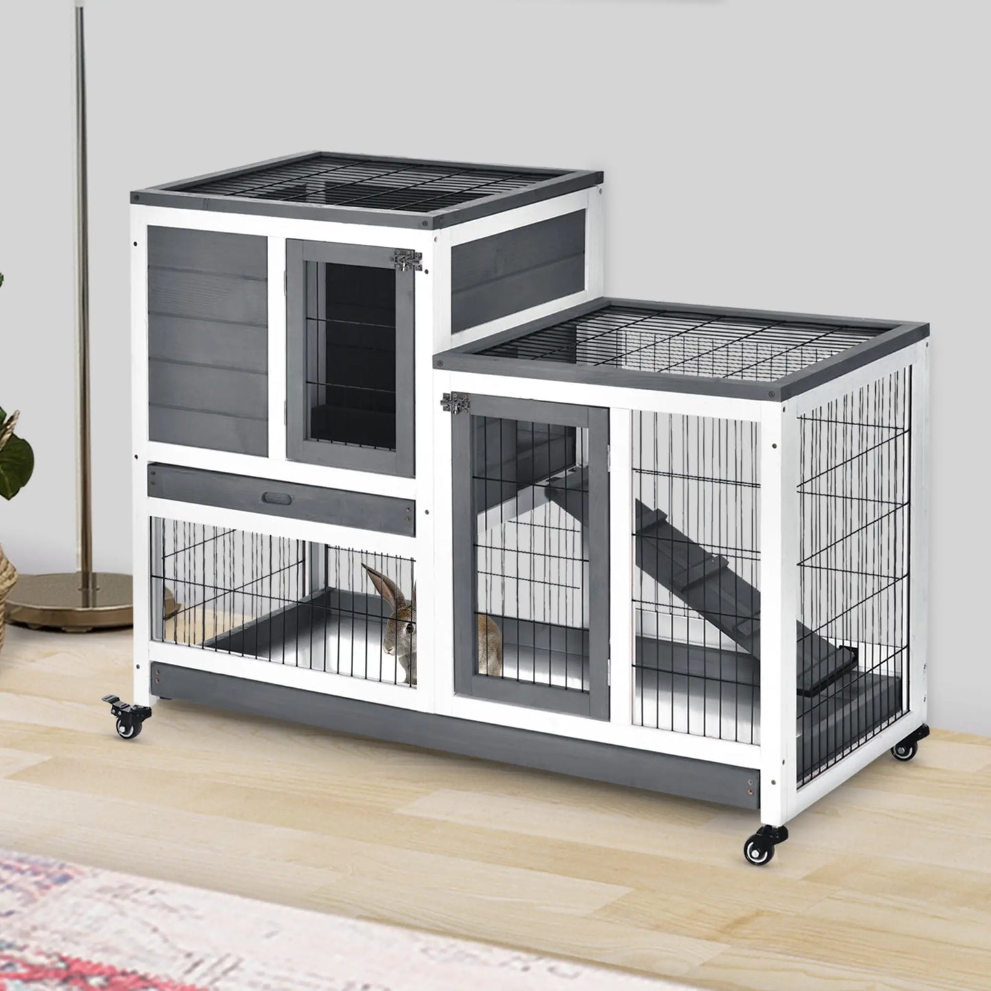 Wooden Rabbit Hutch, Indoor Bunny Cage with Wheels, Pull Out Trays, Run, Grey Rabbit Hutch at Gallery Canada
