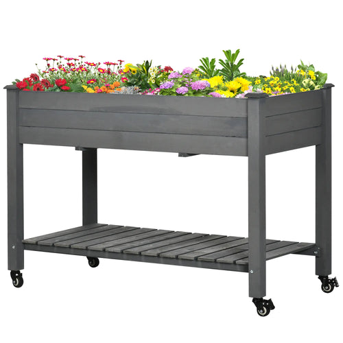 Mobile Raised Garden Bed, Wood Planter Box w/ Wheels, Storage Shelf, Dark Grey