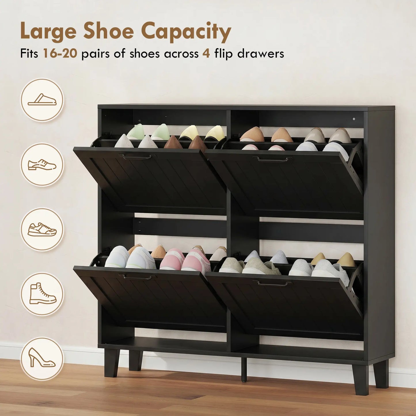 Shoe Cabinet with 4 Flip Drawers, Freestanding Narrow Shoe Storage Cabinet with Adjustable Shelves, Open Back, Black