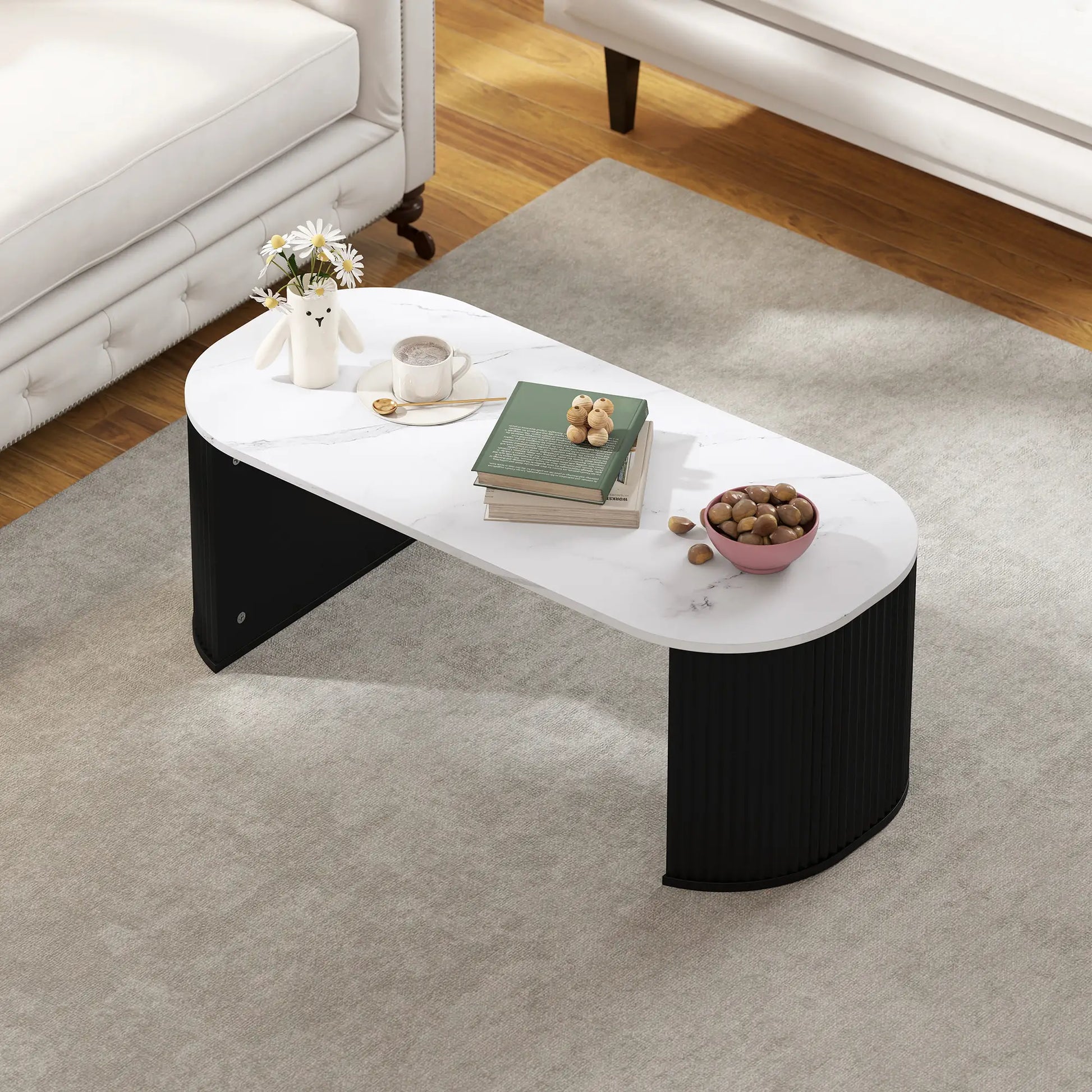 Modern Marble-Effect Coffee Table, Round Corners, Thicken Legs, Black Coffee Tables at Gallery Canada