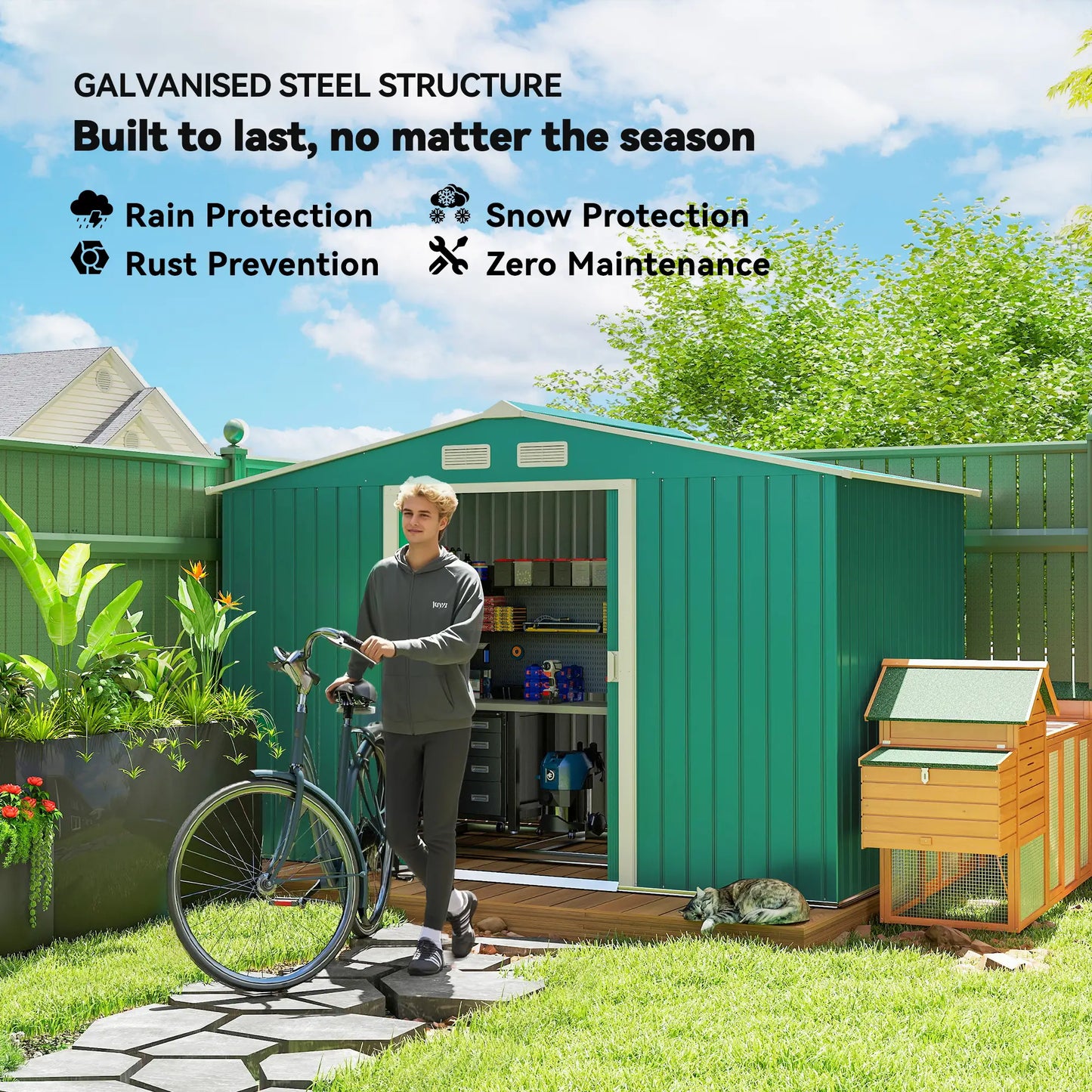 9.1' x 6.4' x 6.3' Garden Storage Shed, Foundation Kit, Metal Tool House, Double Doors, Green Sheds at Gallery Canada