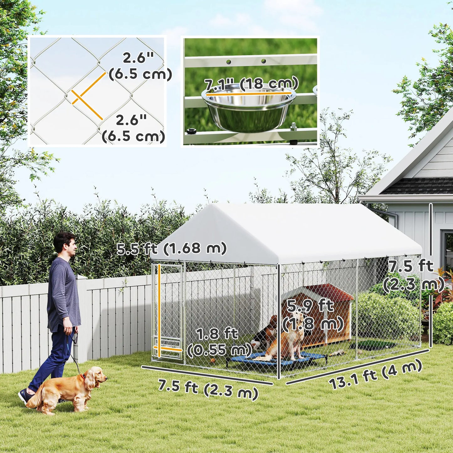 Outdoor Dog Run, Adjustable Bowls, Waterproof Cover, Escape-Proof Lock, 13.1' x 7.5' x 7.5' Houses, Kennels & Pens at Gallery Canada