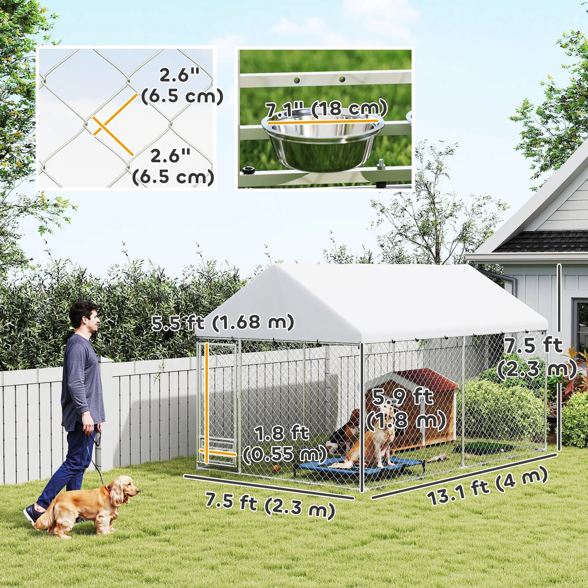 Outdoor Dog Run, Adjustable Bowls, Waterproof Cover, Escape-Proof Lock, 13.1' x 7.5' x 7.5' Houses, Kennels & Pens at Gallery Canada