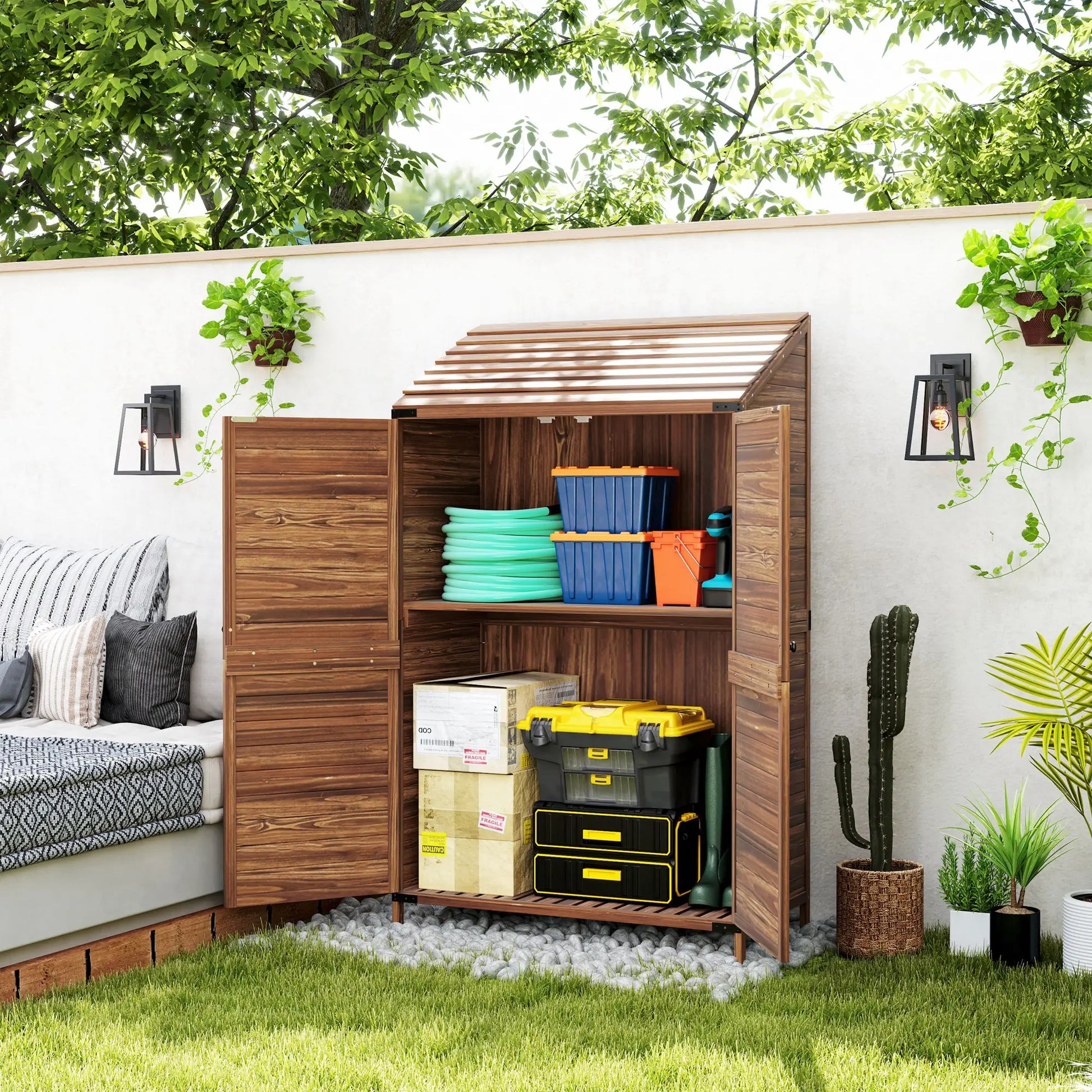 Outdoor Wooden Storage Cabinet, Double Doors with Shelves, Mixed-Brown, Brown Sheds at Gallery Canada