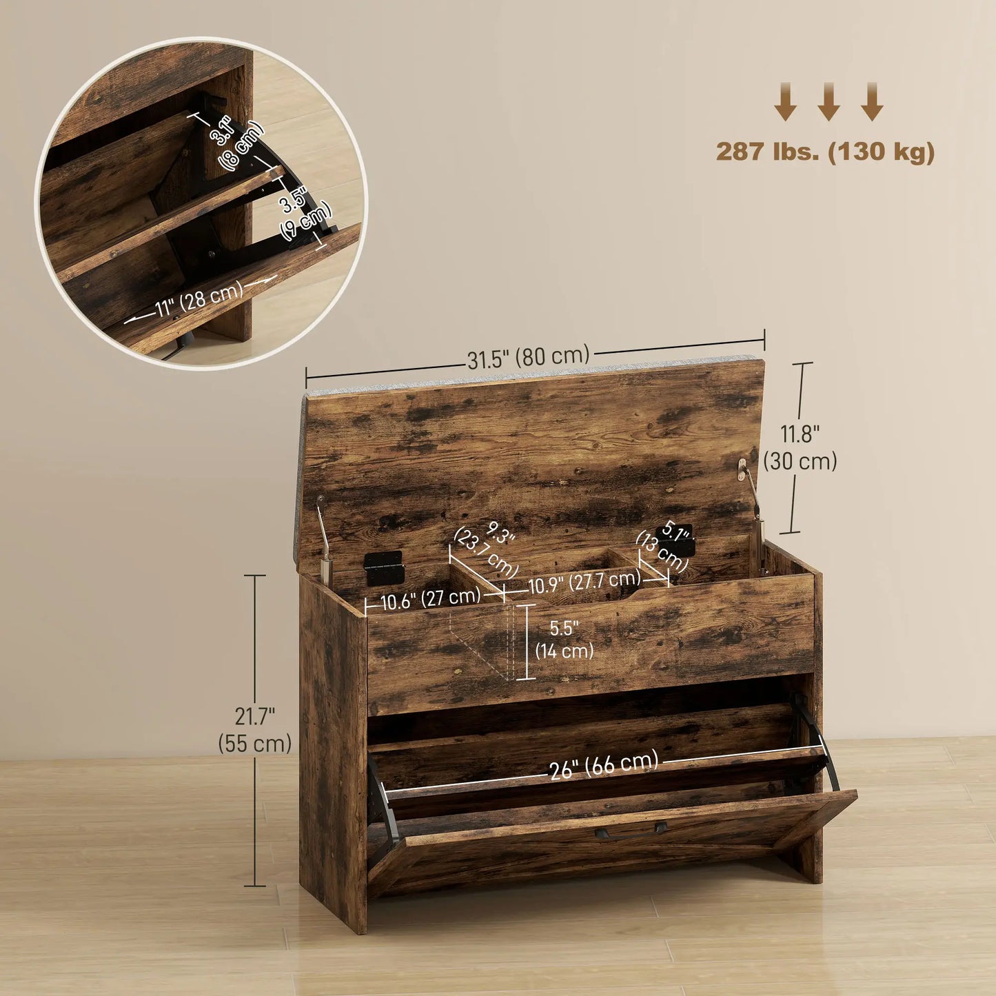 Shoe Storage Bench with Flip Drawer, Lift Top, Seat Cushion, Rustic Brown Shoe Storage Cabinets & Racks at Gallery Canada