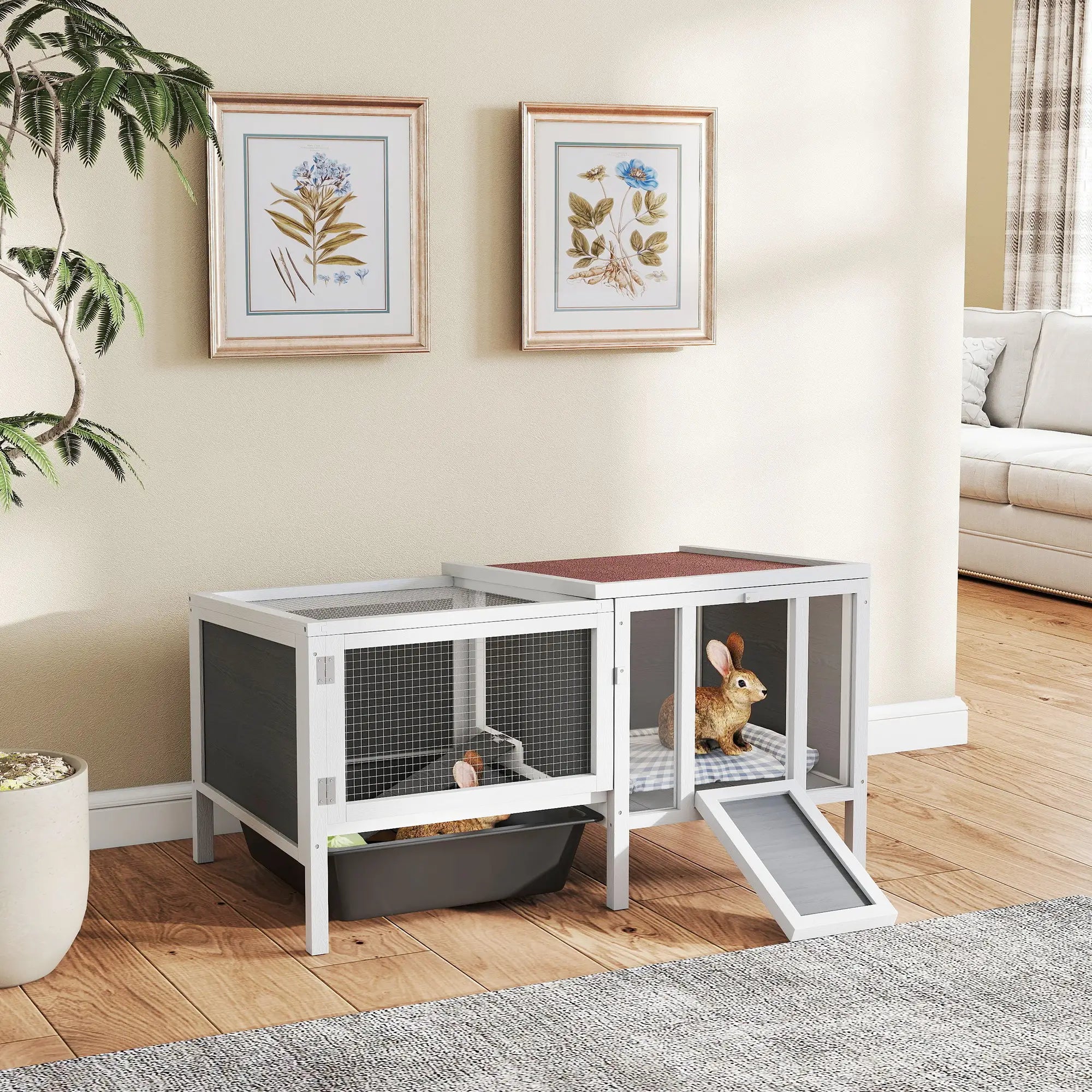 Wooden Rabbit Hutch With Run, Openable Top, Pull Out Tray, Ramp, Water-Resistant Roof, Grey Rabbit Hutch at Gallery Canada