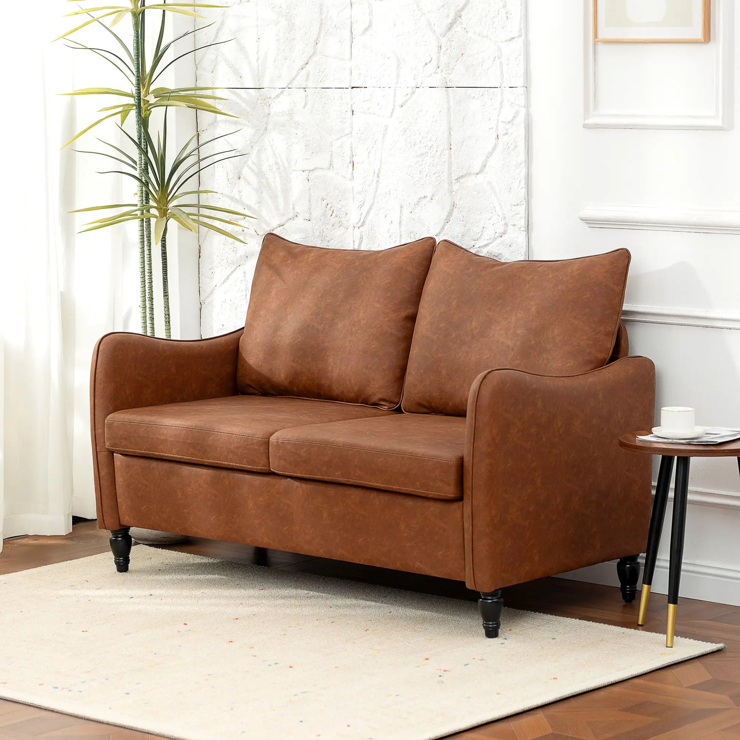 55" Loveseat Sofa, 2 Seater with Wood Legs, PU Leather, Brown 2-Seater Sofas at Gallery Canada