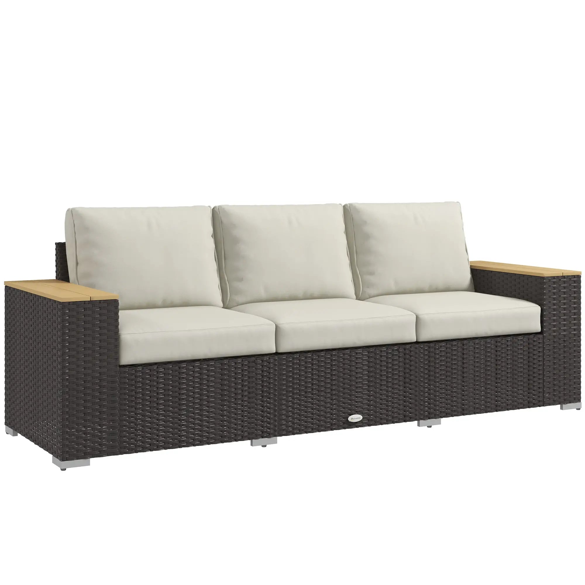 3-Seat Outdoor Couch with Cushions, PE Rattan, Wood Grain Armrests, Cream White Patio Furniture Sets at Gallery Canada