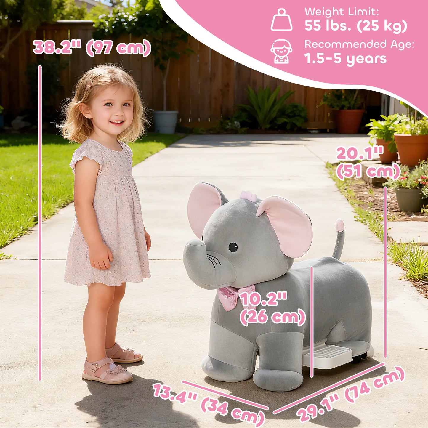 6V Kids Ride On Toy, Horse Elephant, Music, Soft Touch, Silent PU Wheels, For 1.5-5 Years Rocking Horses at Gallery Canada