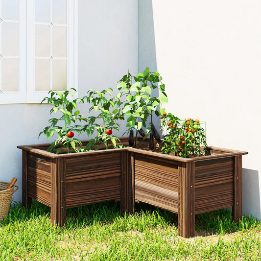 Wooden Raised Garden Bed, L-Shaped, Carbonized, With Legs