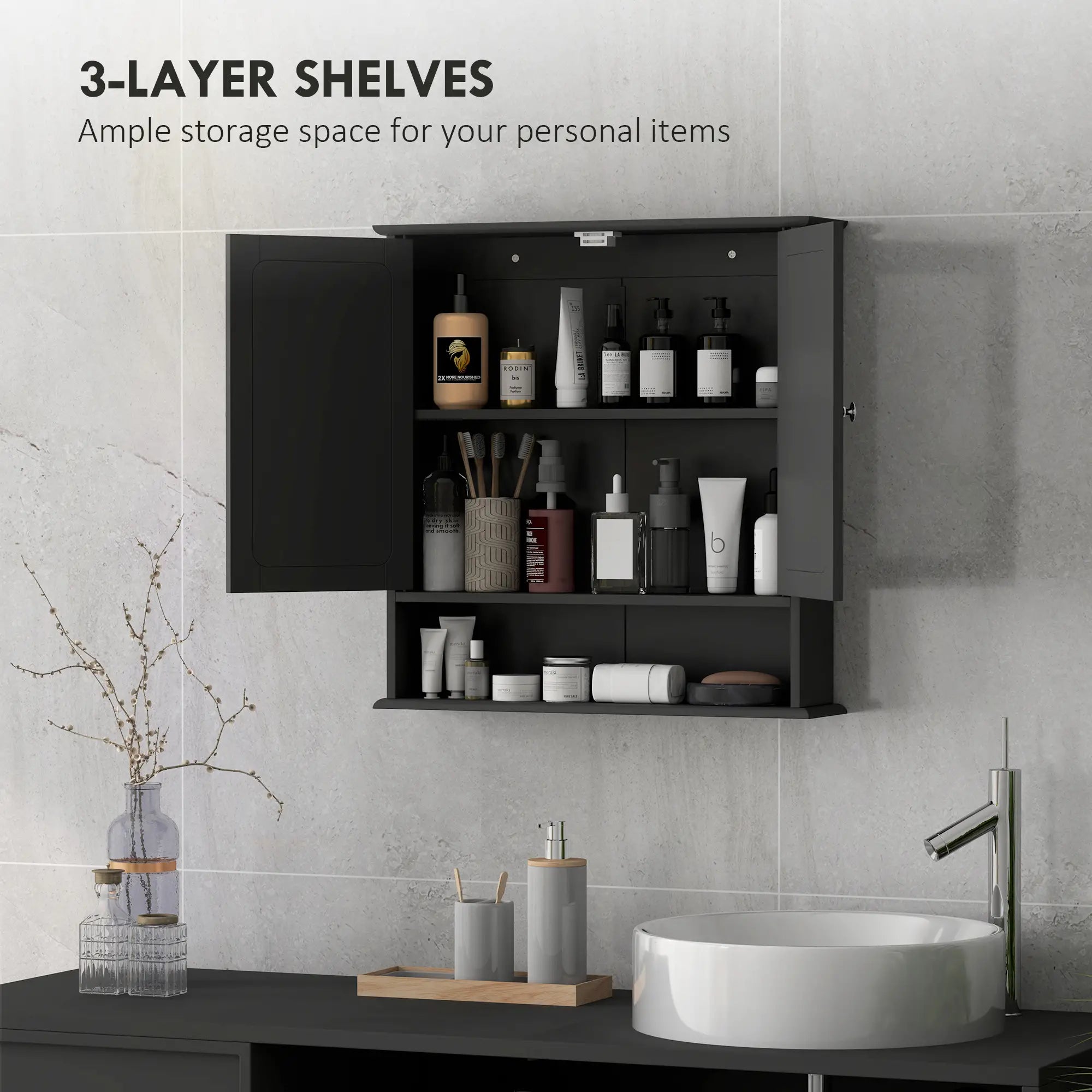 Wall-Mounted Medicine Cabinet, Double Doors, Open Shelf, Adjustable, Black Mirror Medicine Cabinets at Gallery Canada