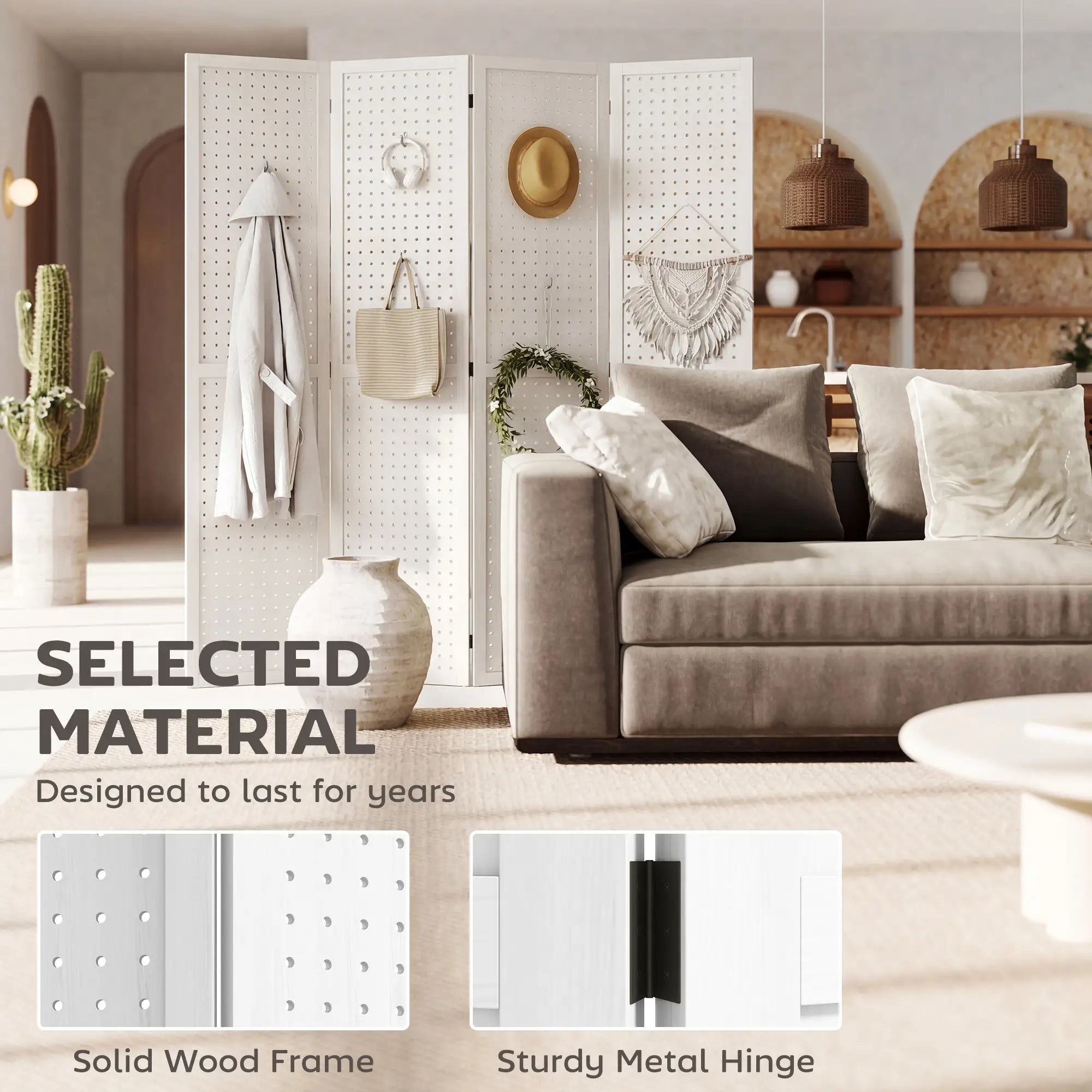 5.6 Ft. Tall 4-Panel Room Divider, Pegboard Privacy Screen, White Room Dividers at Gallery Canada
