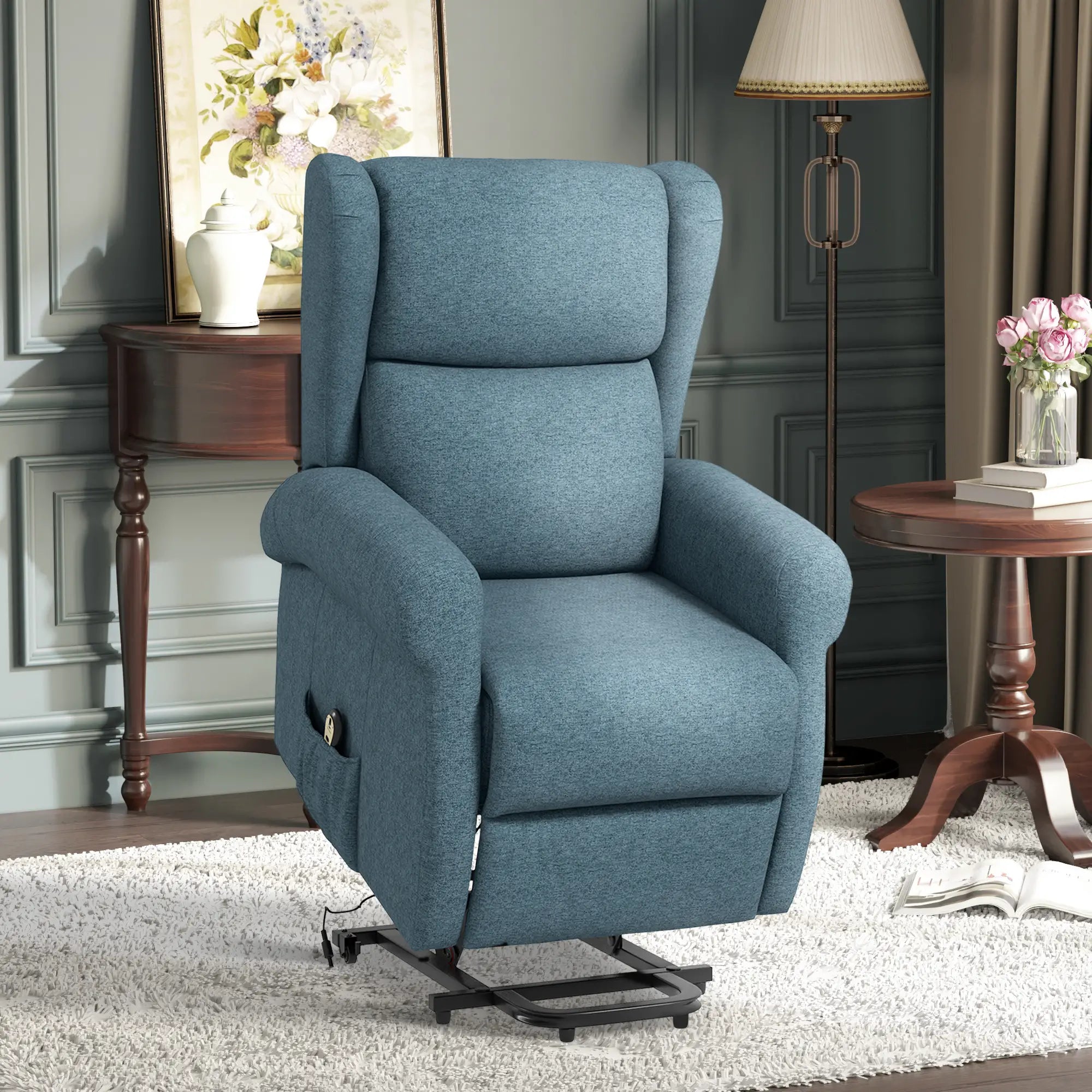 Wingback Lift Chair, Power Recliner with Footrest, Remote, Side Pockets, Blue Electric Power Lift Chairs at Gallery Canada