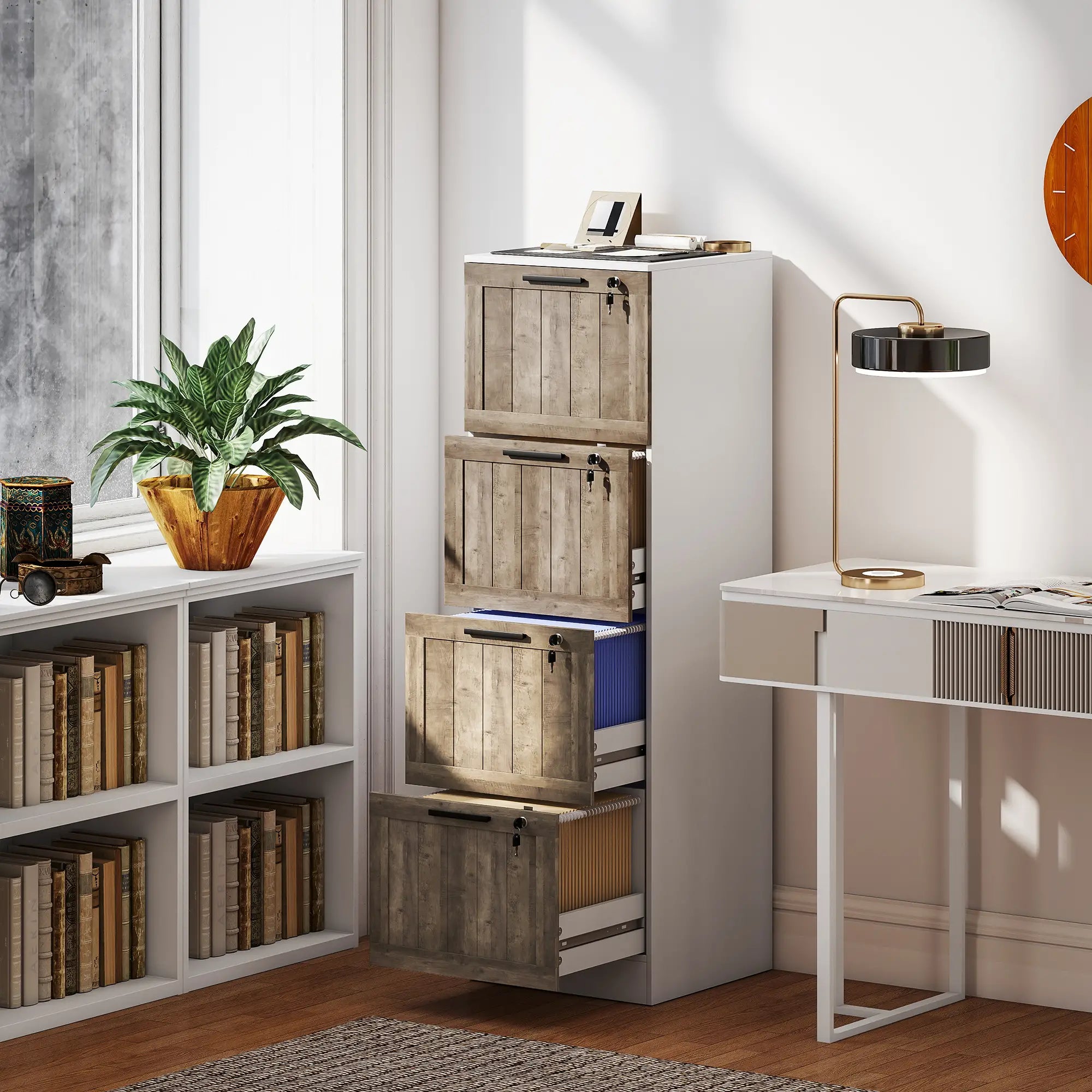 4 Drawer Filing Cabinet, Farmhouse Style, Adjustable Hanging Rails, White Office Cabinets & Cupboards at Gallery Canada