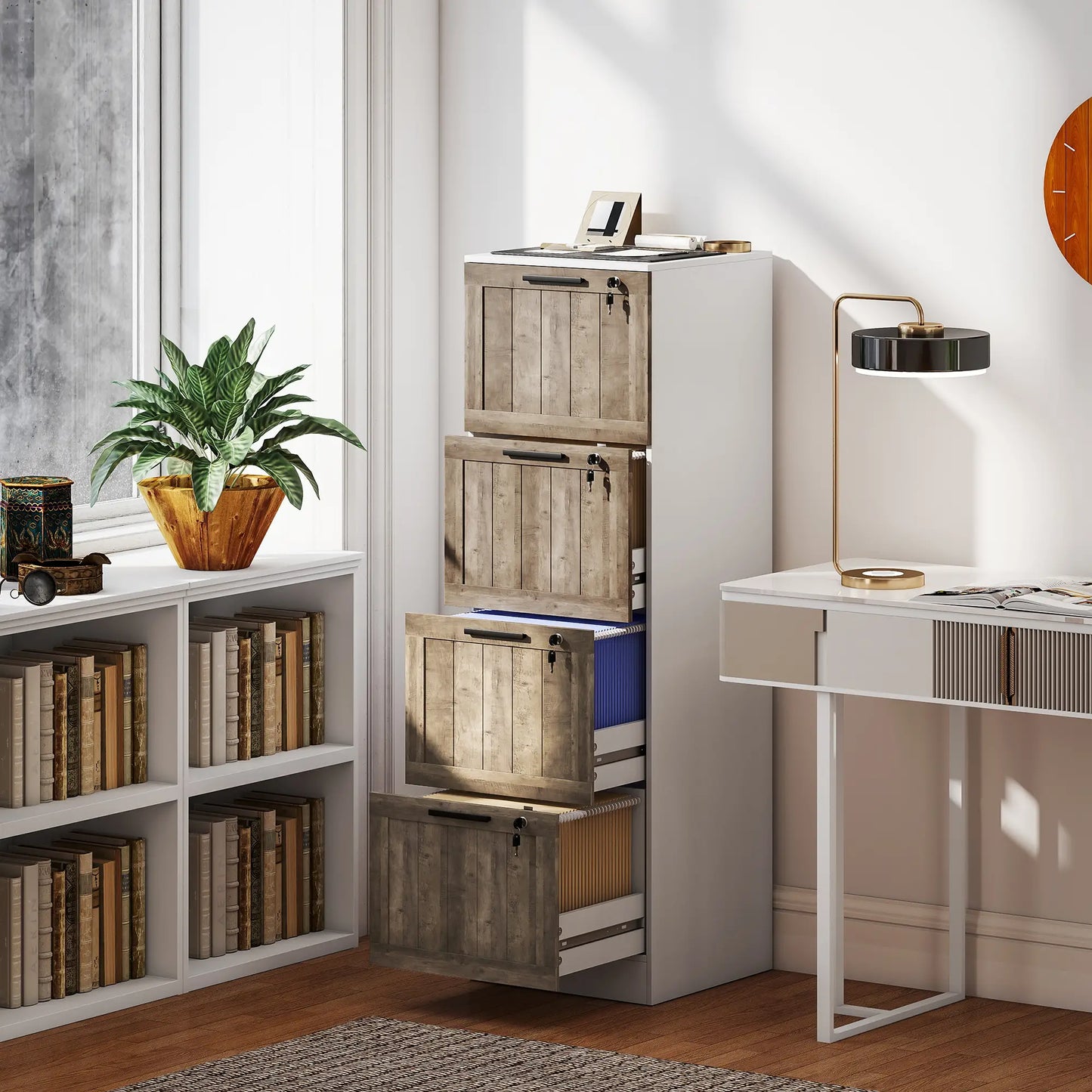 4 Drawer Filing Cabinet, Farmhouse Style, Adjustable Hanging Rails, White Office Cabinets & Cupboards at Gallery Canada