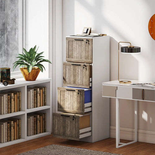 4 Drawer Filing Cabinet, Farmhouse Style, Adjustable Hanging Rails, White