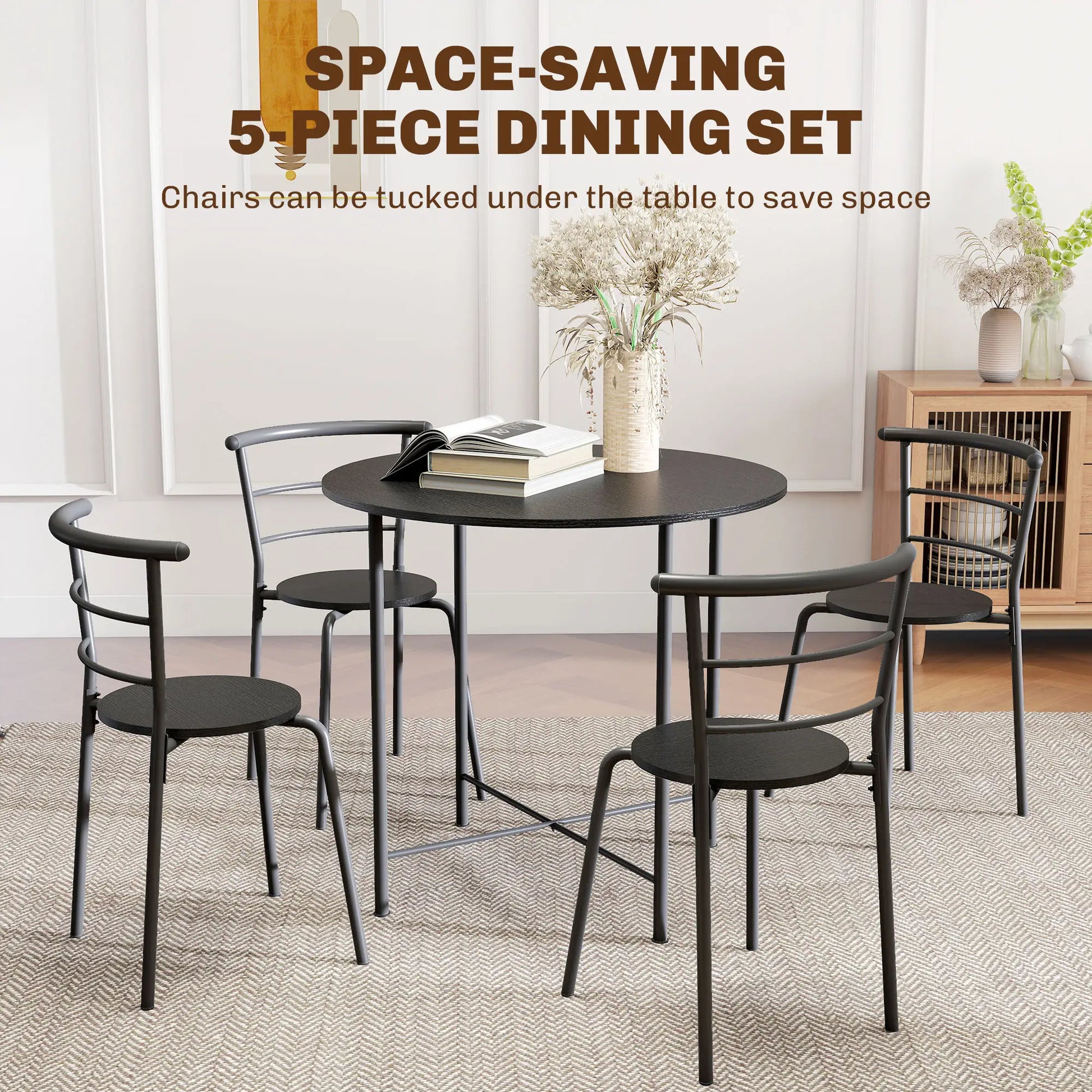 5 Piece Dining Table Set, Round for 4, Metal Frame, Black Wood Grain, Black Dining Table Sets at Gallery Canada