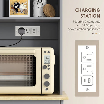 Kitchen Cabinet with Charging Station, 2 Tilt Out Cabinets, Microwave Stand, Grey Kitchen Pantry Cabinets at Gallery Canada