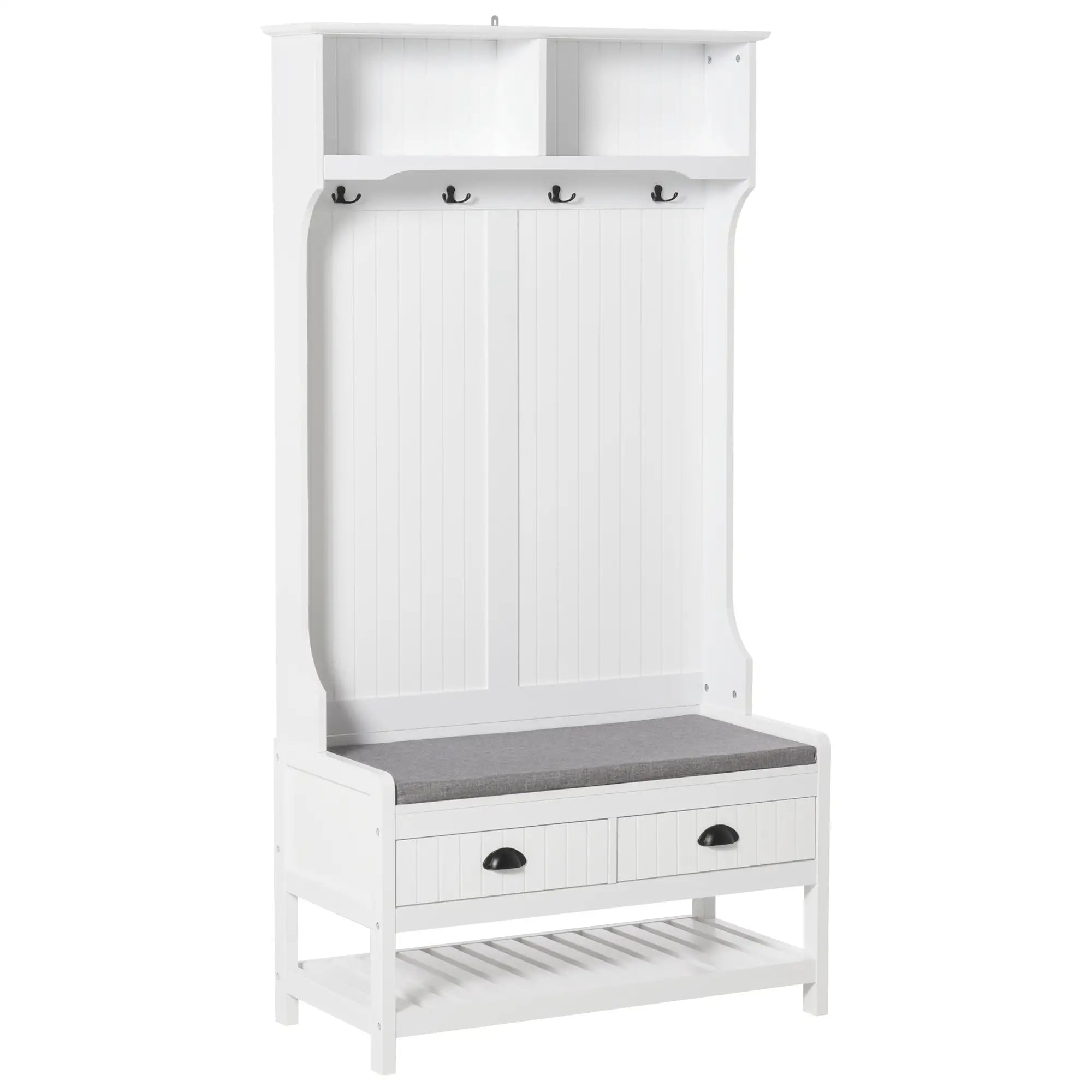 Coat Rack Shoe Bench, Entryway Storage with 4 Hooks, 2 Drawers, 2 Shelves, White Clothing Storage White, Grey at Gallery Canada
