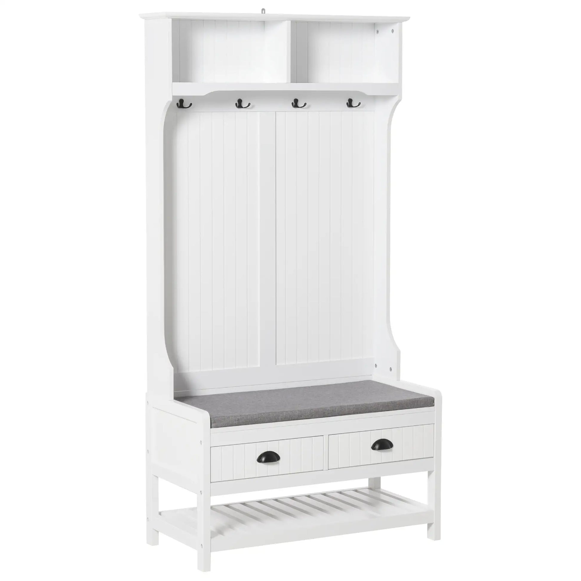 Coat Rack Shoe Bench, Entryway Storage with 4 Hooks, 2 Drawers, 2 Shelves, White Clothing Storage White, Grey at Gallery Canada