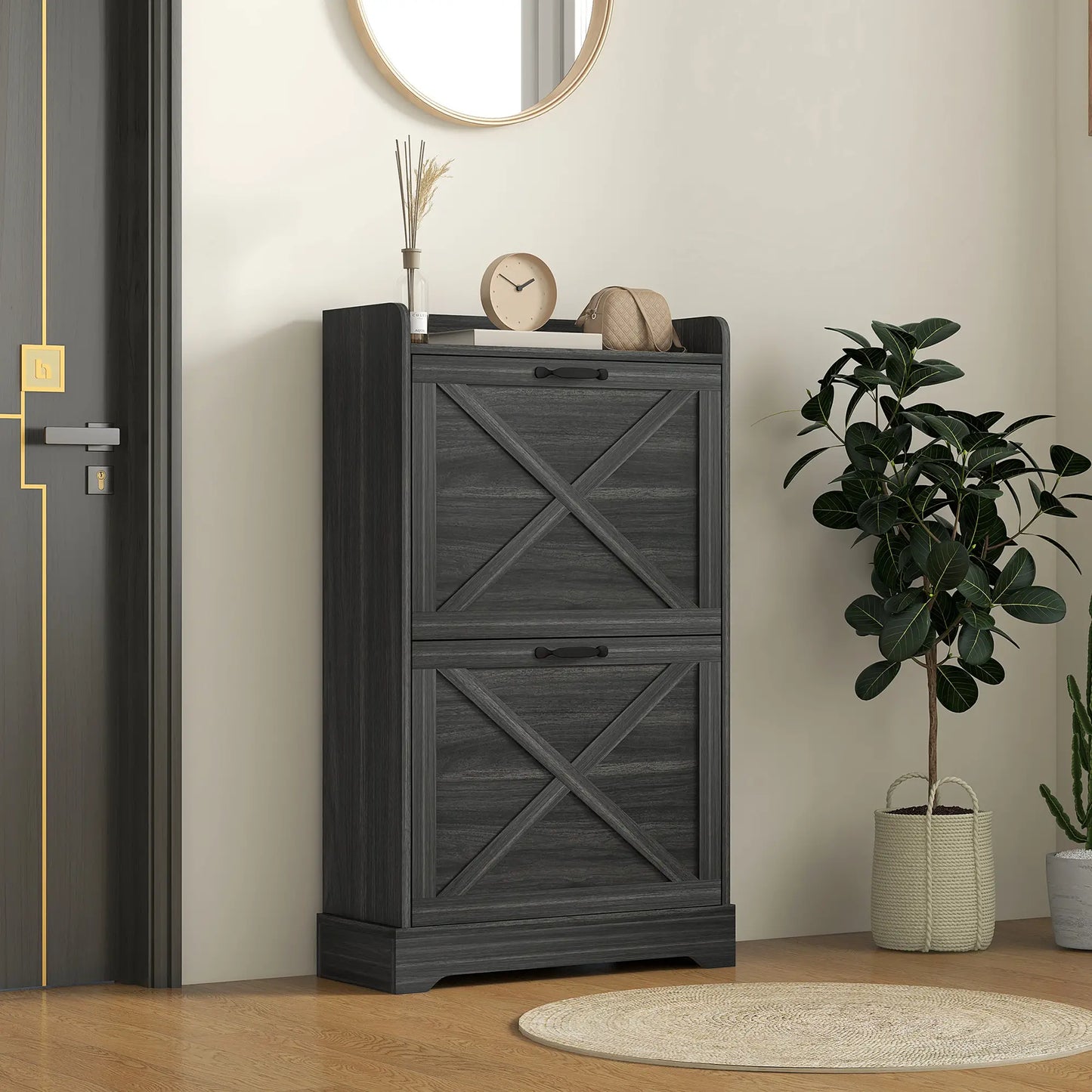 Slim Shoe Storage Cabinet, 2 Flip Drawers, Adjustable Shelves, Distressed, Grey Shoe Storage Cabinets & Racks at Gallery Canada