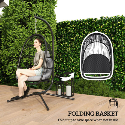 Wicker Egg Swing Chair, Foldable with Stand, UV Resistant Cushion, Headrest, Dark Grey Patio Swings with Stand at Gallery Canada