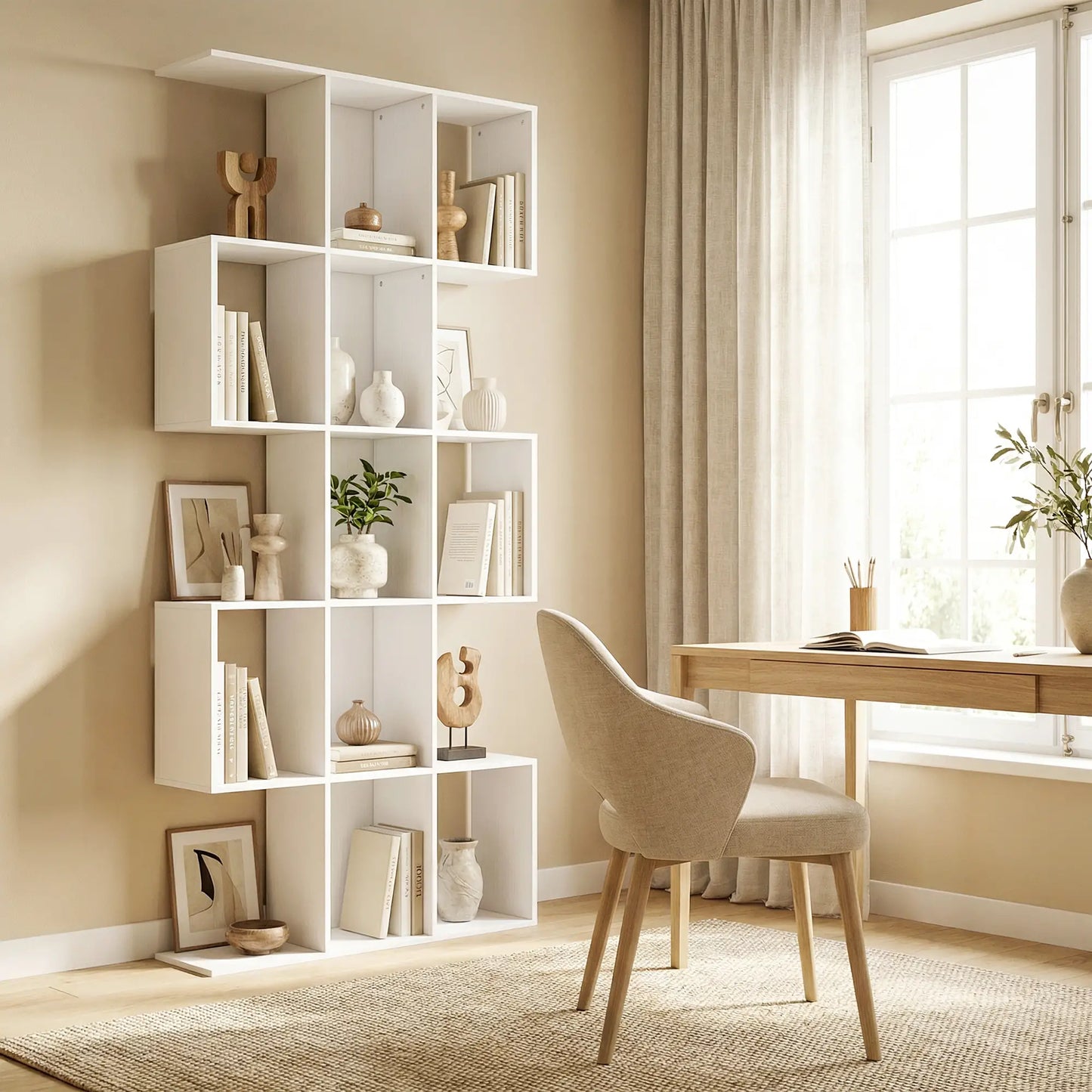 5-Tier Bookshelf, S Shaped Geometric Bookcase, White Wood Grain, White Display Bookshelves at Gallery Canada