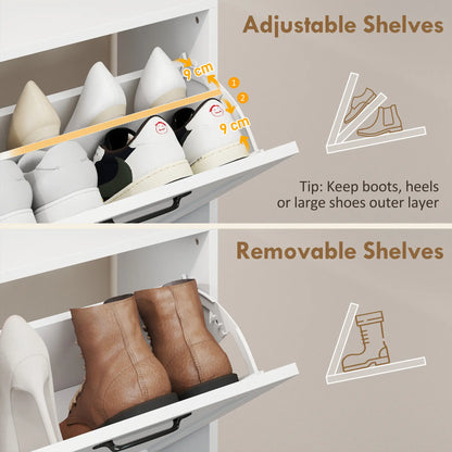 Shoe Cabinet with 4 Flip Drawers, Freestanding Narrow Shoe Storage Cabinet with Adjustable Shelves, Open Back, White