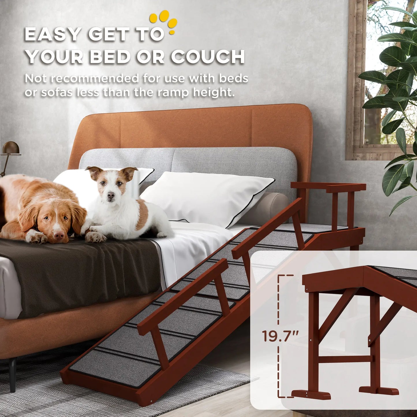 Wooden Dog Ramp, 60" Long, Non-Slip Rug, Removable Guardrails, Brown Dog Stairs at Gallery Canada