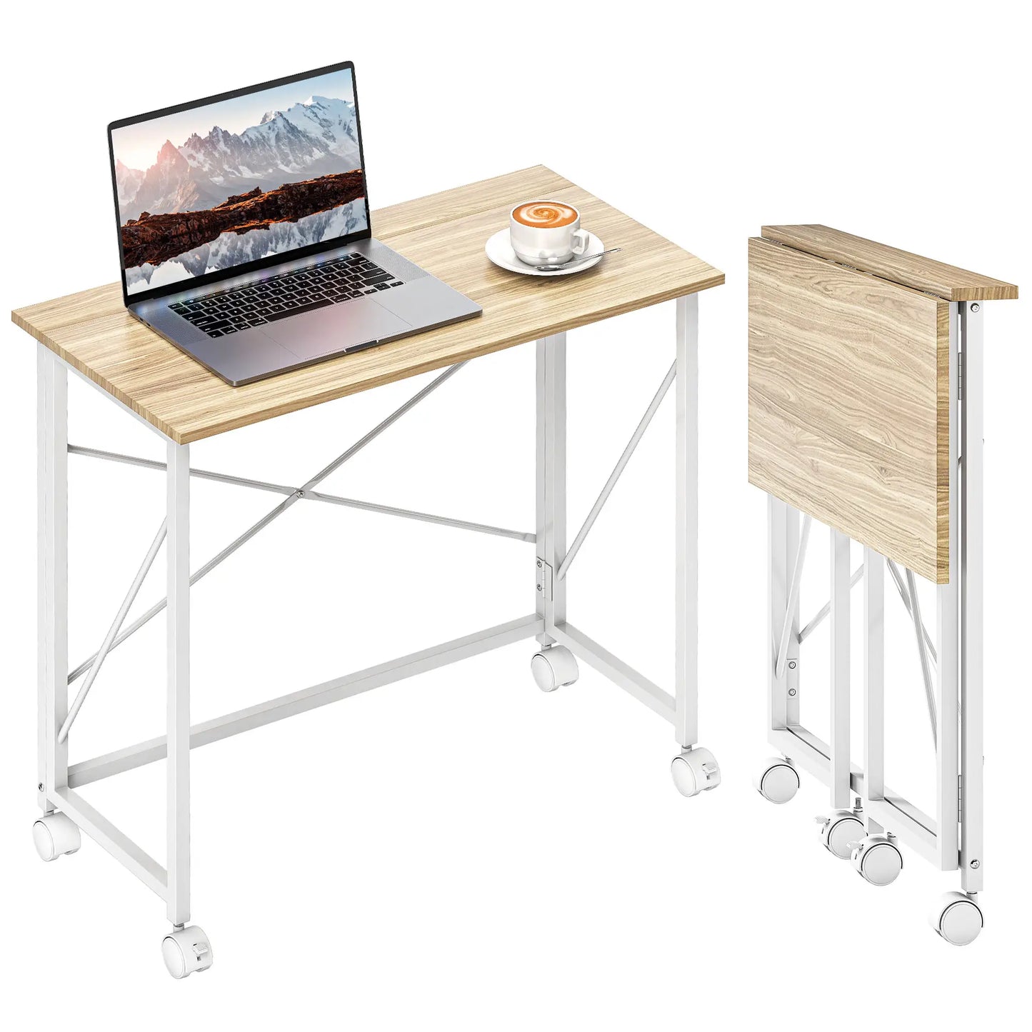 31.5" Folding Desk With Wheels, Home Office Desk, Natural Wood, Natural Wood