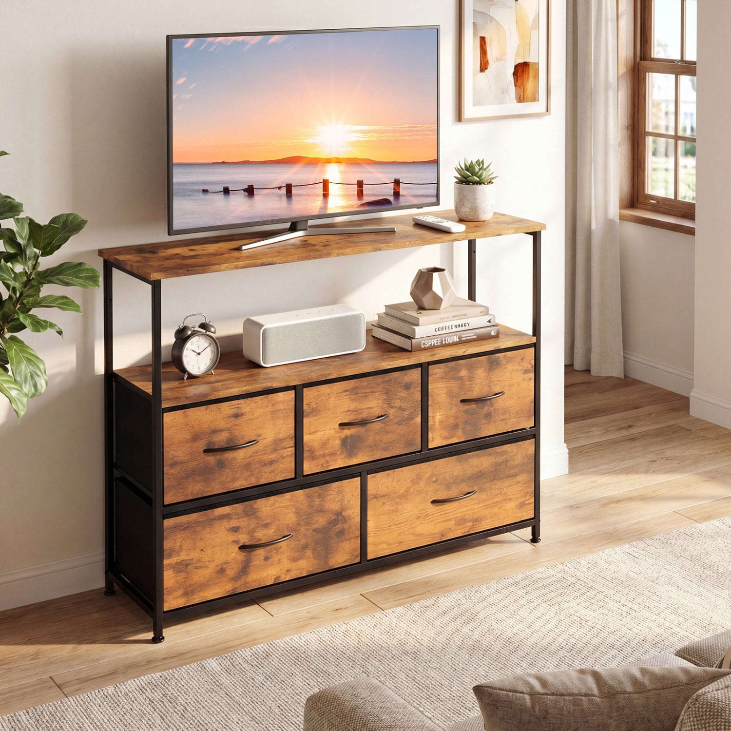 TV Stand Dresser For 45 Inch TV, 5 Fabric Drawers, Brown Entertainment Centers & TV Stands at Gallery Canada