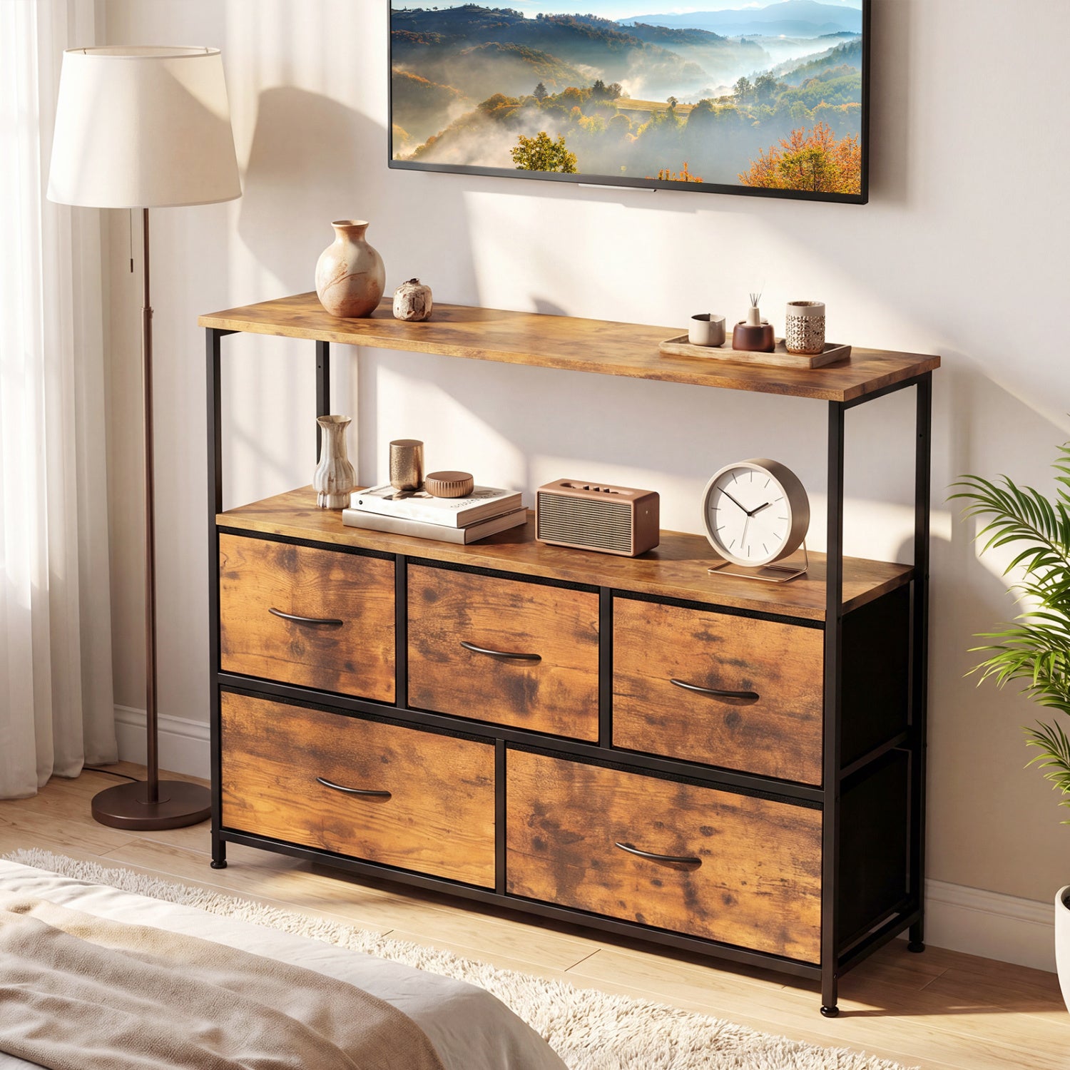 TV Stand Dresser For 45 Inch TV, 5 Fabric Drawers, Brown Entertainment Centers & TV Stands at Gallery Canada
