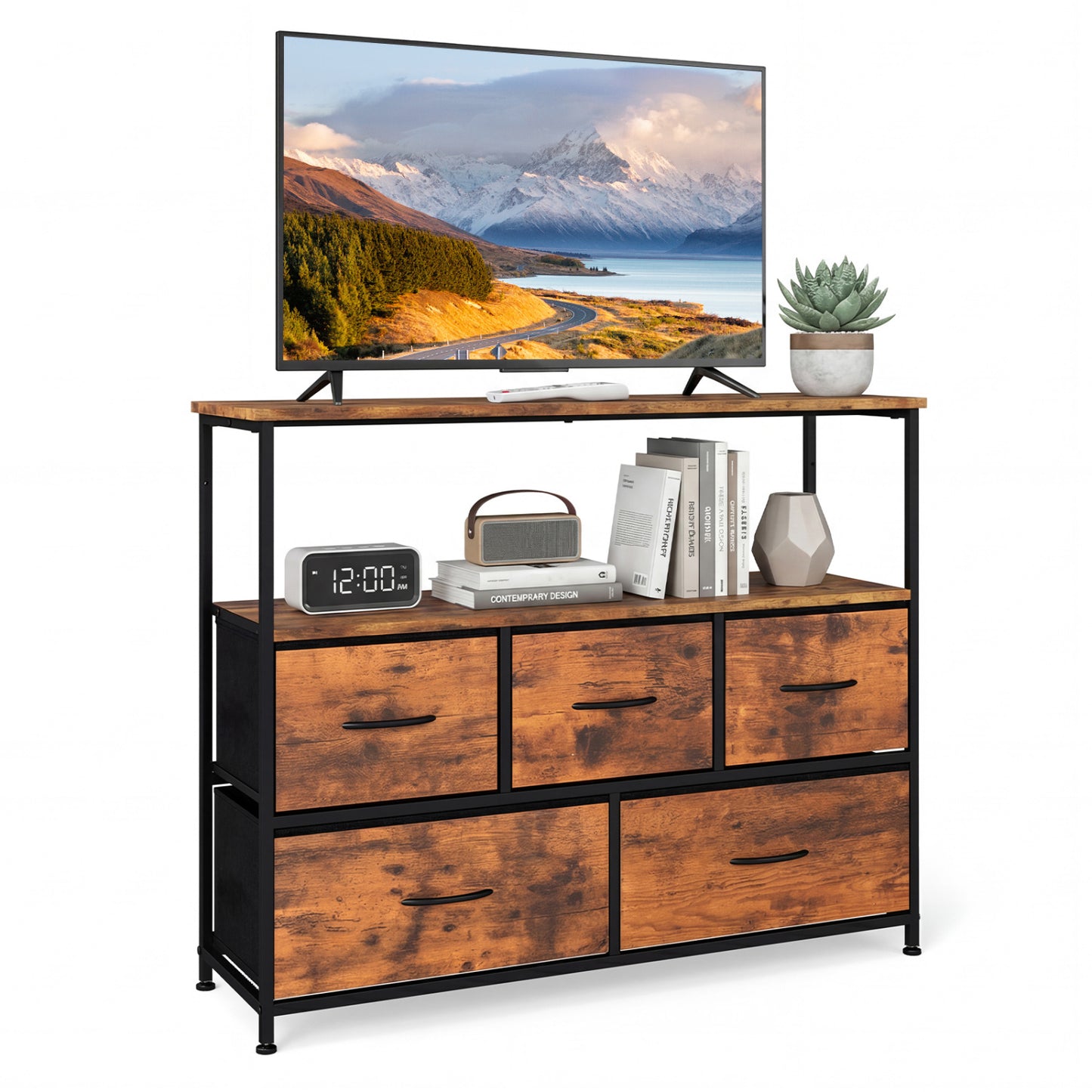 TV Stand Dresser For 45 Inch TV, 5 Fabric Drawers, Brown Entertainment Centers & TV Stands at Gallery Canada