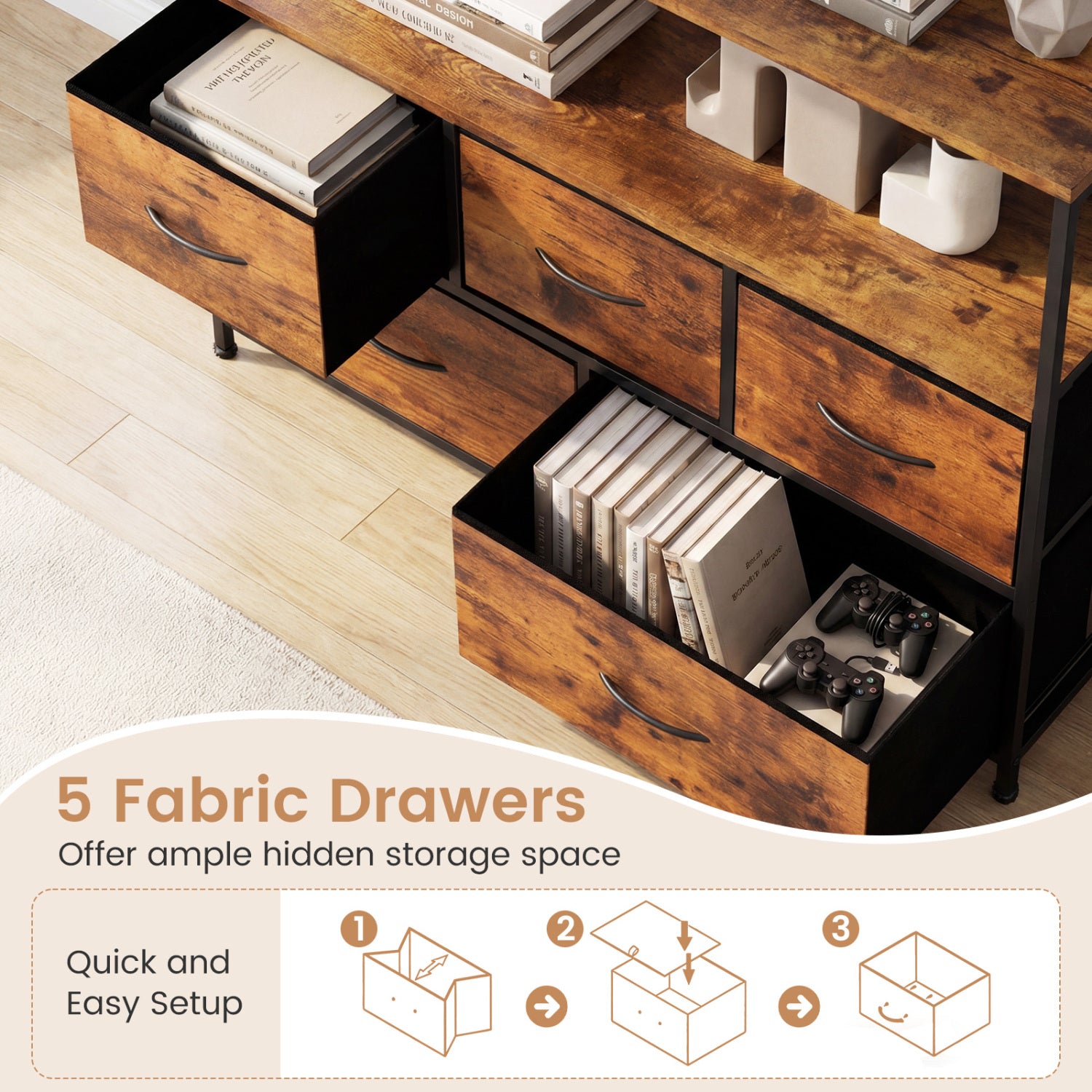 TV Stand Dresser For 45 Inch TV, 5 Fabric Drawers, Brown Entertainment Centers & TV Stands at Gallery Canada