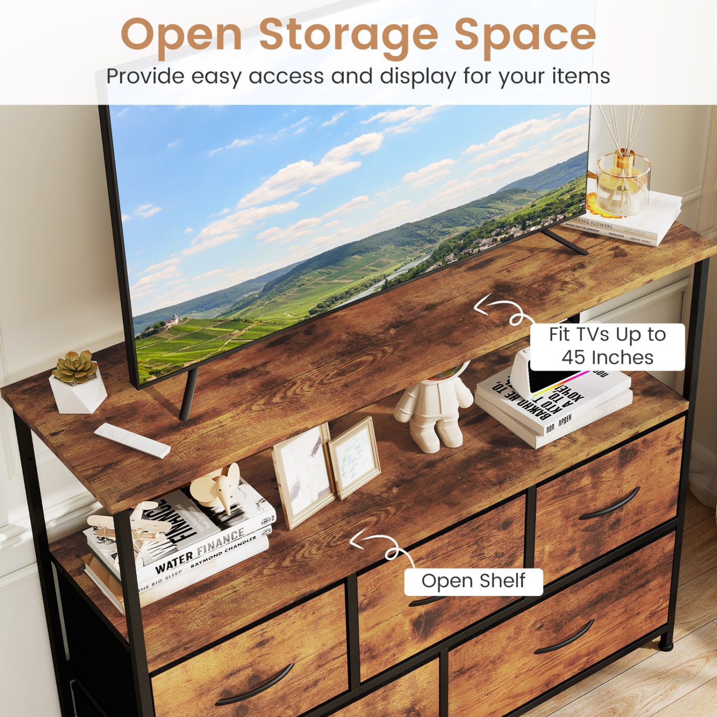 TV Stand Dresser For 45 Inch TV, 5 Fabric Drawers, Brown Entertainment Centers & TV Stands at Gallery Canada