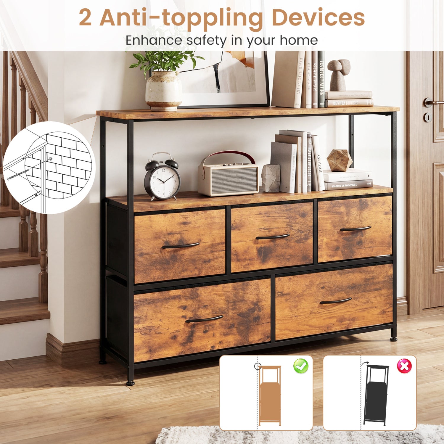 TV Stand Dresser For 45 Inch TV, 5 Fabric Drawers, Brown Entertainment Centers & TV Stands at Gallery Canada